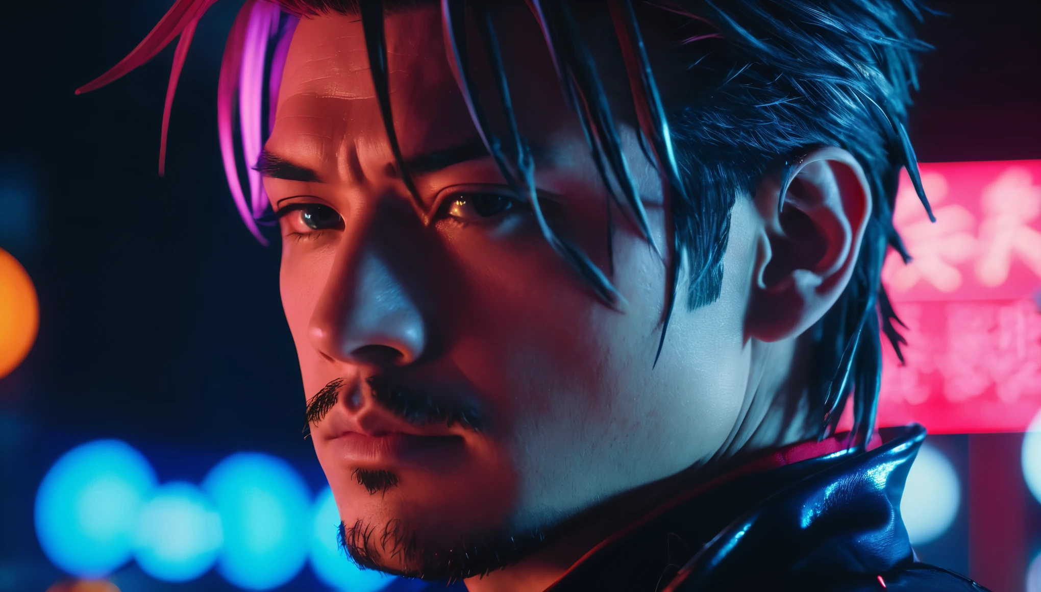 close-up portrait cinematic photo of a beautiful cyberpunk live action version of Tales of Symphonia's main character Lloyd Irving with neon lights in a futuristic Japan, Photo at eye level, .35mm photography, film, Bokeh, dark, dystopian, screencap, professional, 4k, highly detailed, wallpaper