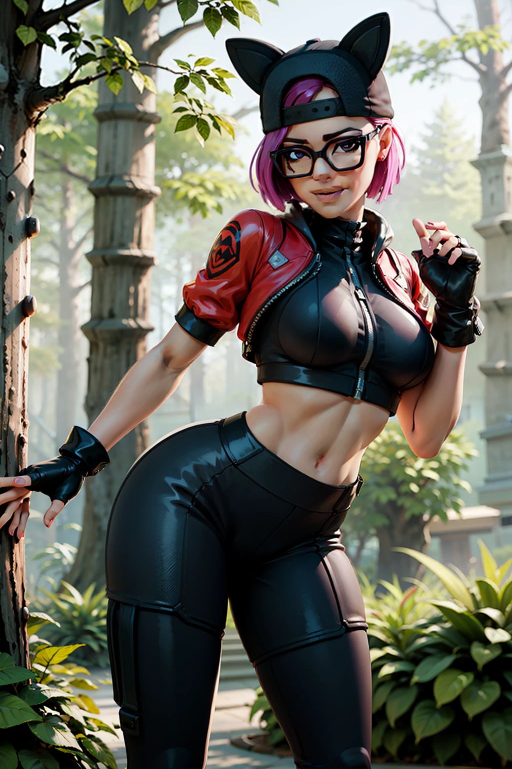 1 girl, (masterpiece), (best quality), standing, (solo), looking at viewer, high detailed,extremely detailed, fine eyes, smile,dynamic pose, short pink hair,cap,crop top, jacket,fingerless glove,curvy,forest,glasses,(gray leggings),(portrait:1.2),