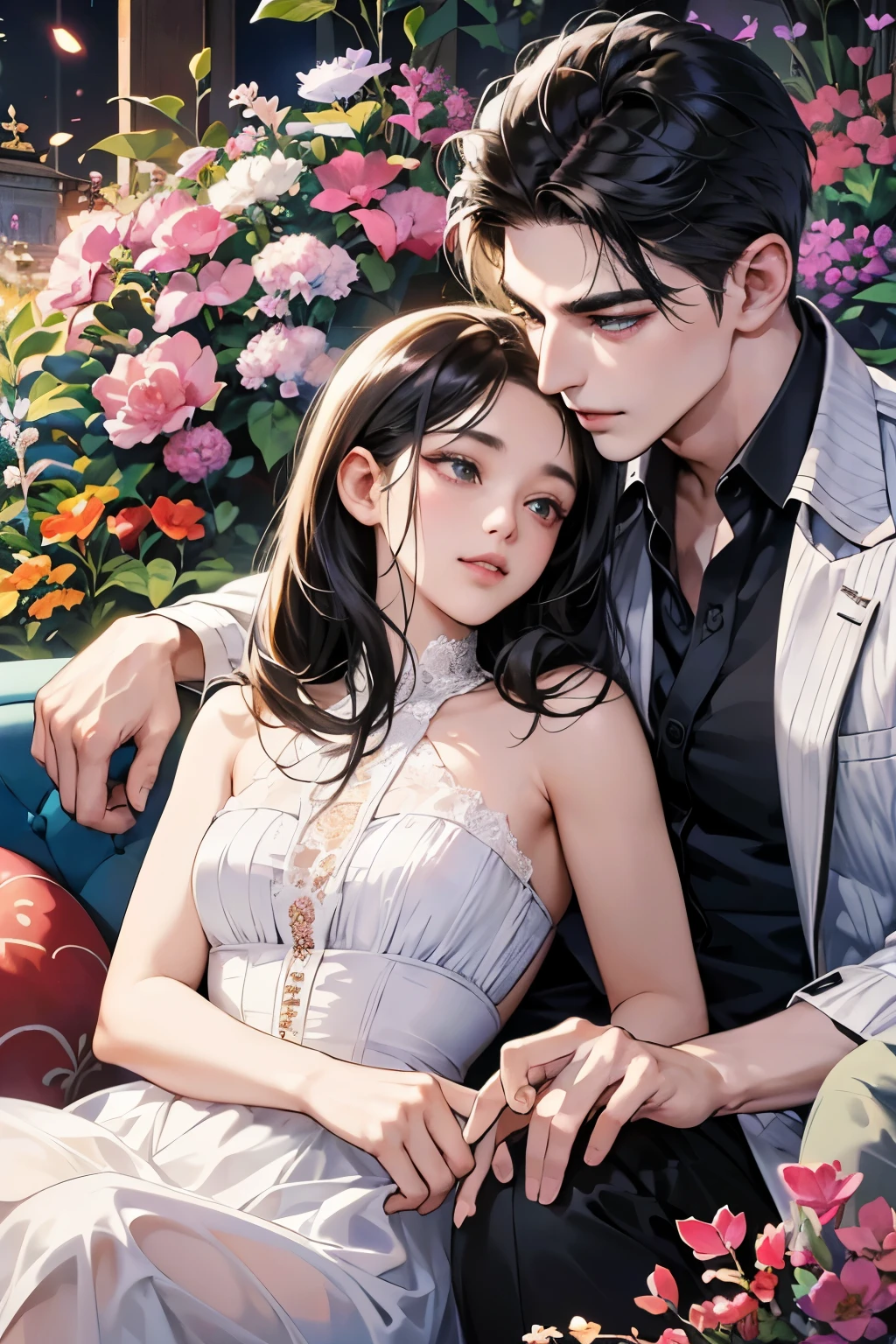 (table top, digital art, digital illustration, 4k, 8k, Super detailed, beautiful images, clear image, realistic, RAW photo, perfect face, perfect lines, perfect eyes, soft lighting) ,1 female, (long black hair,straight hair,bullish look,Beautiful woman,small breastake up well,23 years old,:1.3),Two handsome men in suits, (human,muscular,solid shoulder width, human,boyish hairstyle,English gentleman'Style,A man in his 30s with a cool expression,28 year old man with a bright 笑顔:1.2),Show your white teeth and 笑顔(embarrassing,shy smile:1.1),garden full of light、Squirting、resort sofa、colorful flowers、couple、coupleキス、romance porn、lie down、ハグし合うcouple、