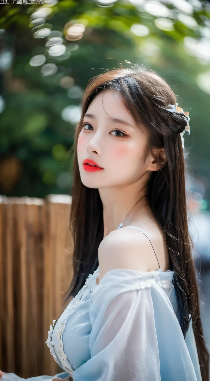 ((best quality, 8k, masterpiece: 1.3)), focus: 1.2, perfect body beautiful: 1.4, buttocks: 1.2, ((Layered hairstyle)), (wet clothes: 1.1), (rain, street:1.3), (breast: 1.2), (Hanfu: 1.2), bare shoulders, bare legs, Highly detailed facial and skin textures, beautiful eyes, double eyelids, skin whitening, long hair, (shut up: 1.5), (bokeh background: 1.5), Big breast