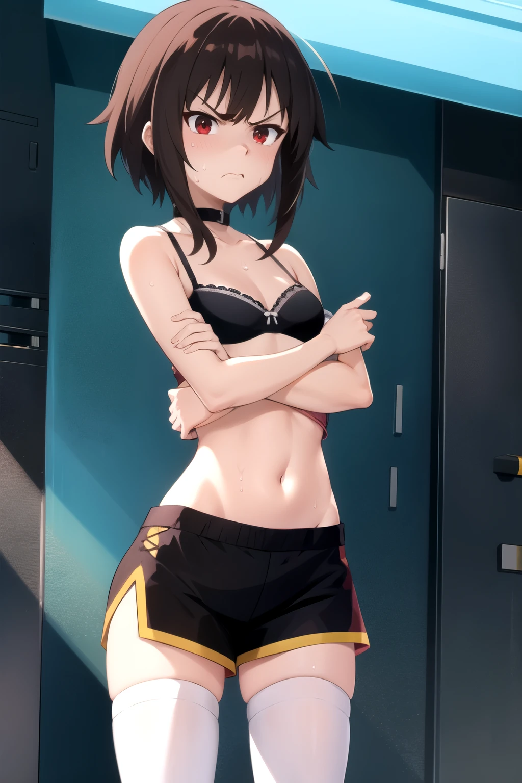 tall body, tall, long legs, EFT_Konsuba_Megumi, 1girl, megumin, solo, red eyes, thighhighs, short hair, looking at viewer, brown hair, choker, ((wearing transparent white mini crop top)), ((black bra visible under crop top)), sweating a lot, navel visible, shoulders exposed, ((wearing tight weaty, anfry face, pissed off, really angry,