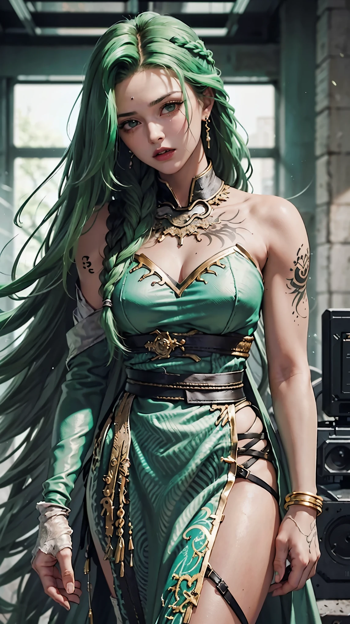 uma mulher com cabelo verde e tatuagens, mulher cyberpunk mulher anime, pants, Deusa cyberpunk raivosa bonita, estilo de arte cyberpunk, arte digital de anime cyberpunk, arte de anime cyberpunk, Arcane, Retrato, arte de anime cyberpunk, arte com tema cyberpunk, cyberpunk fantasia sombria, estilo arcano, 1 garota, stars tattoo on arm, asymmetrical bangs, faixa, cabelo verde, Green braids, camisa marrom, tatuagem de estrelas, lateralmente, cabelo verde, cabelo longo, olhos cor de rosa, Red lips, Standing , tatuagem de nuvem, Twin braids. Garota de arcano. Garota de cabelo verde, garota de Twin braids, uma garota em um lugar em chamas, fagulha, esferas de luz, Movie poster, Arcane\(Liga das Lendas\, 1 garota, stars tattoo on arm, asymmetrical bangs, faixa, cabelo verde, Green braids, camisa marrom, tatuagem de estrelas, lateralmente, cabelo verde,  com Twin braids e cor verde 