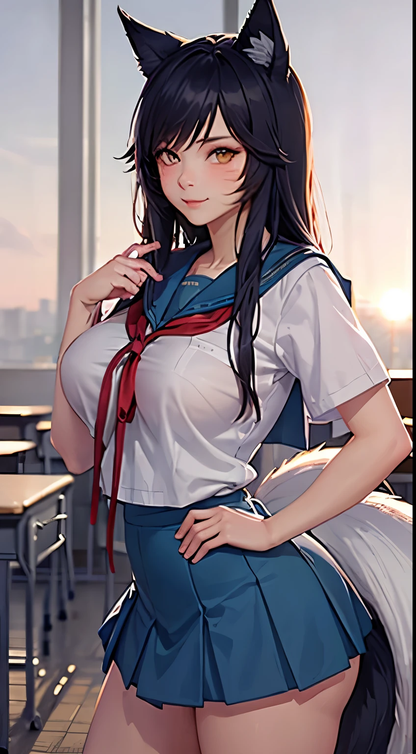 Ray tracing,{Best quality}, {{Masterpiece}}, {A high resolution}, Original, Extremely detailed 8k wallpaper, {An extremely delicate and beautiful}, realistic hand, one girl, good body proportions, cowboy shot, blush, Extremely detailed face, Extremely detailed body, Extremely detailed hands, Extremely detailed eyes, beatiful eyes, glowing eyes,Extremely detailed background, high quality background,Ahri League of Legends,(((kitsune girl,fox girl,fox tails,nine tails,multiple_tails,multiple tails))),(large breasts:1.9),(IncrsAhriAcademy),(((school sailor uniform))),(white shirt,dark blue skirt),25-year-old,flirtatious pose,smirk,looking at viewer,cowboy shot,(classroom in the background),sunset,golden hour