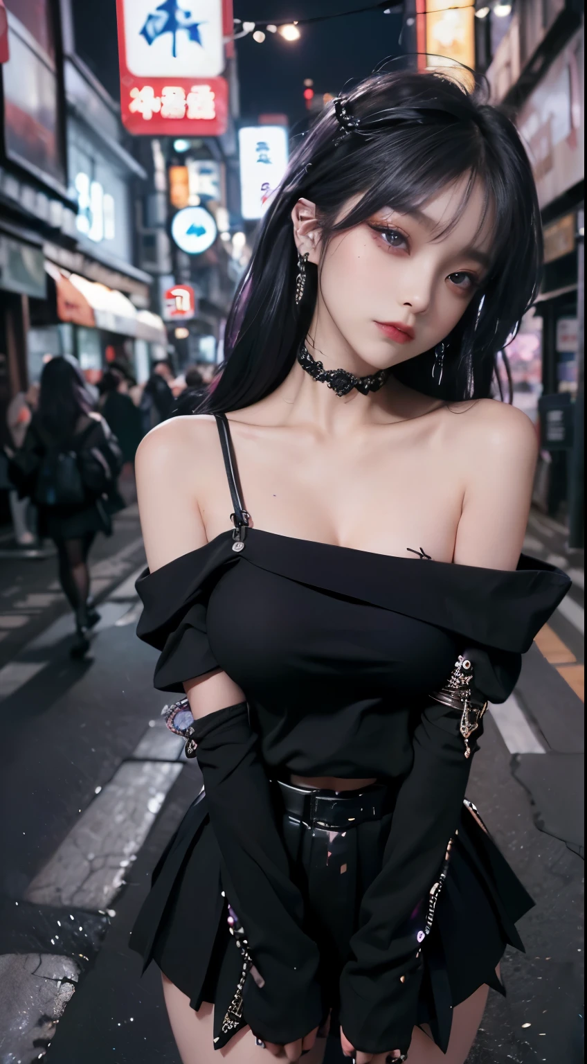 4k-ultra sharp、highest quality, masterpiece, ultra high resolution, (reality: 1.4),  16 year old girl, purple eyes, Off-the-shoulder sweater dresses, cinematic lighting、purple and black hair、(mine girl、goth makeup、mine makeup)、(Pierced ears、big breasts、Oversized black T-shirt with open shoulders、dark mini skirt)、((dark makeup、oil skin,sparkling skin、realistic skin texture、detailed beautiful skin、shiny skin)), nightの暗い繁華街、night、blue film photography、kabukicho、Dark Cyberpunk、(full shot:1.8)、thin legs、thin arms、thin shoulders、thin waist、slender body、big breasts、whole body