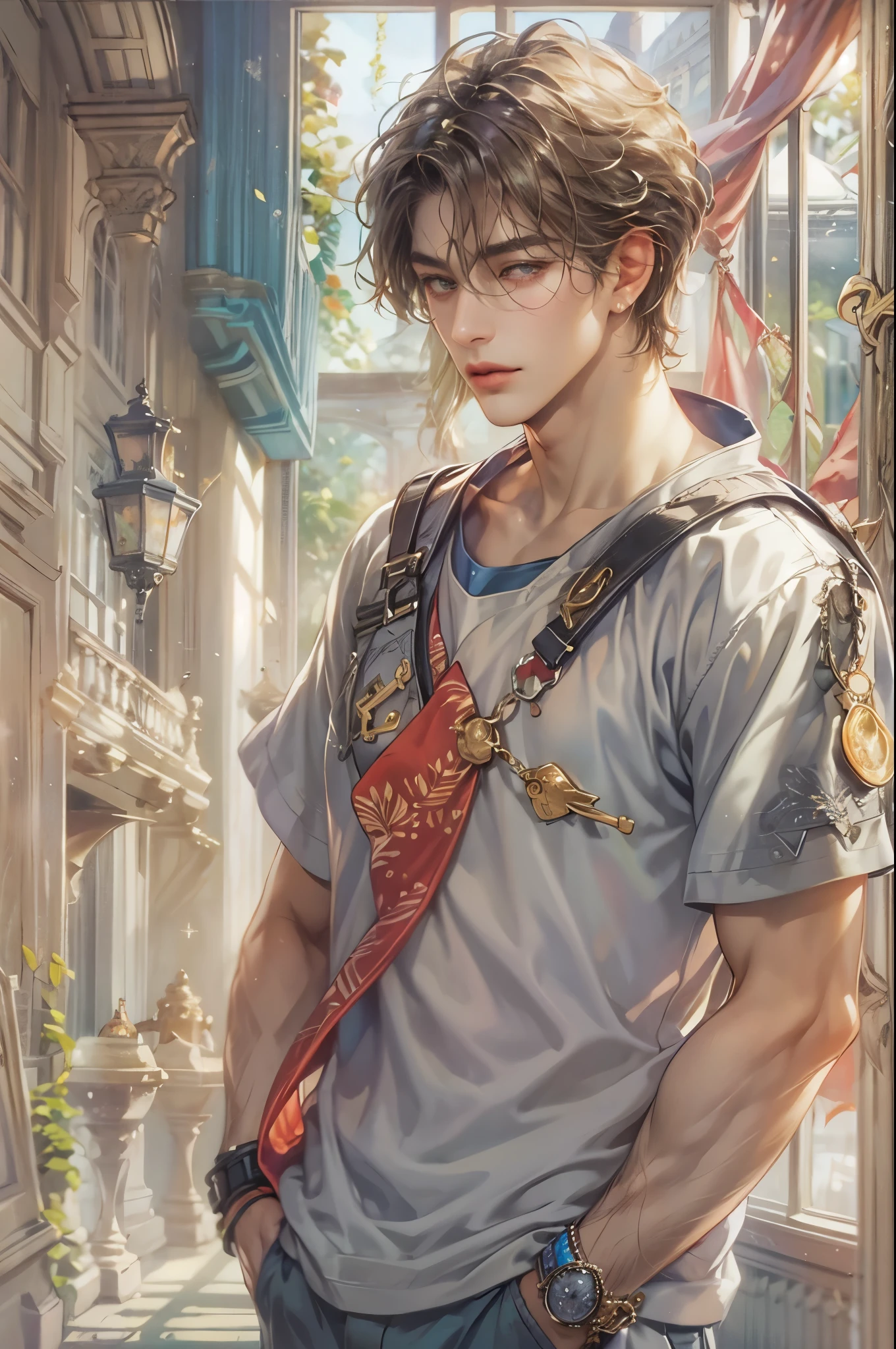 ((Best quality)), ((masterpiece)), (detailed), ((perfect face)), ((halfbody)) handsome face, male, boy, perfect proportions , a character from anime gate keepers , casual outfit, detailed school interior scenery background