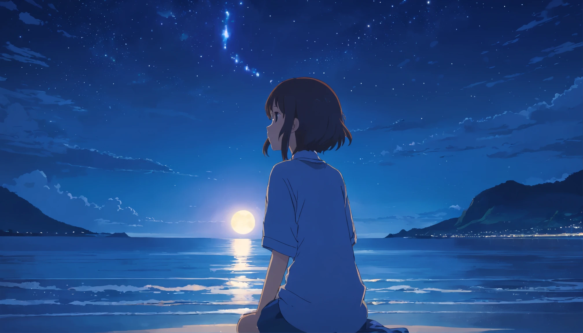 The moonlight shines on the deserted beach、A breathtaking view unfolds, Paint the sky with a tapestry of twinkling stars. In the center of this magical moment, Young woman with long cascading hair sitting in deep meditation. Its quiet presence、Evoking a sense of inner peace and tranquility on a vast empty coast。.
Silhouette of a girl emerging against the darkness, His calm expression illuminated by the soft moonlight. Long tentacles of hair cascade down your back., Intertwined with the gentle sea breeze caressing my face. Closed eyes indicate a deep connection with the universe, As if my thoughts were in harmony with the whisper of the ocean waves..