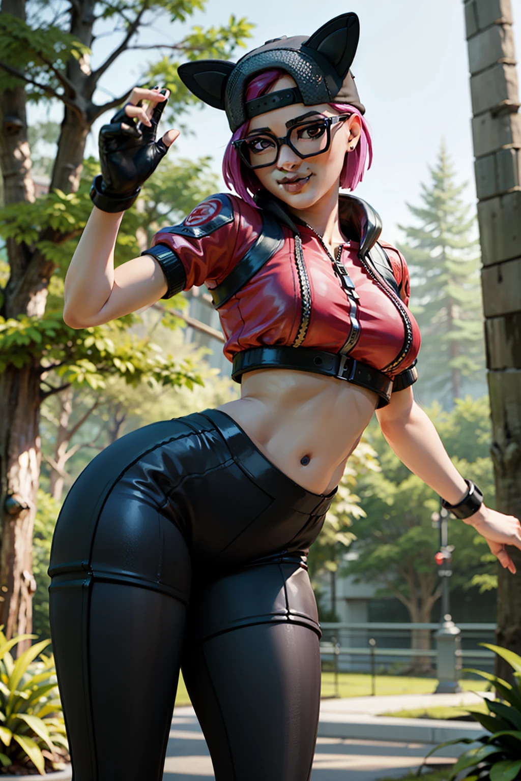 1 girl, (masterpiece), (best quality), standing, (solo), looking at viewer, high detailed,extremely detailed, fine eyes, smile,dynamic pose, short pink hair,cap,crop top, jacket,fingerless glove,curvy,forest,glasses,(gray leggings),(portrait:1.2),