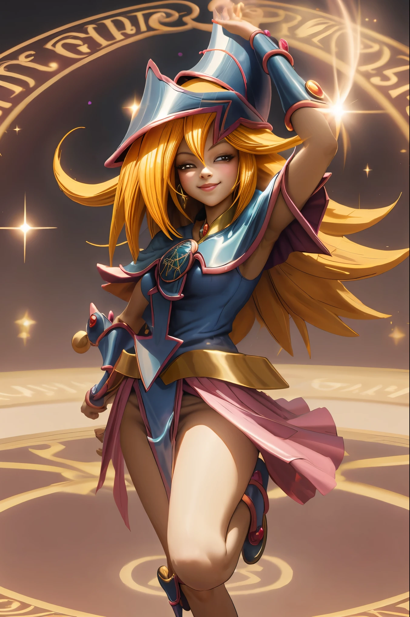 Dark magician gils en el aire, she comes out of a magic circle of the heart. Magic hearts background. Sonrisa en sus labios. Ojos celestes. Cabello dorado. Pose sensual. Levitando en una pie.