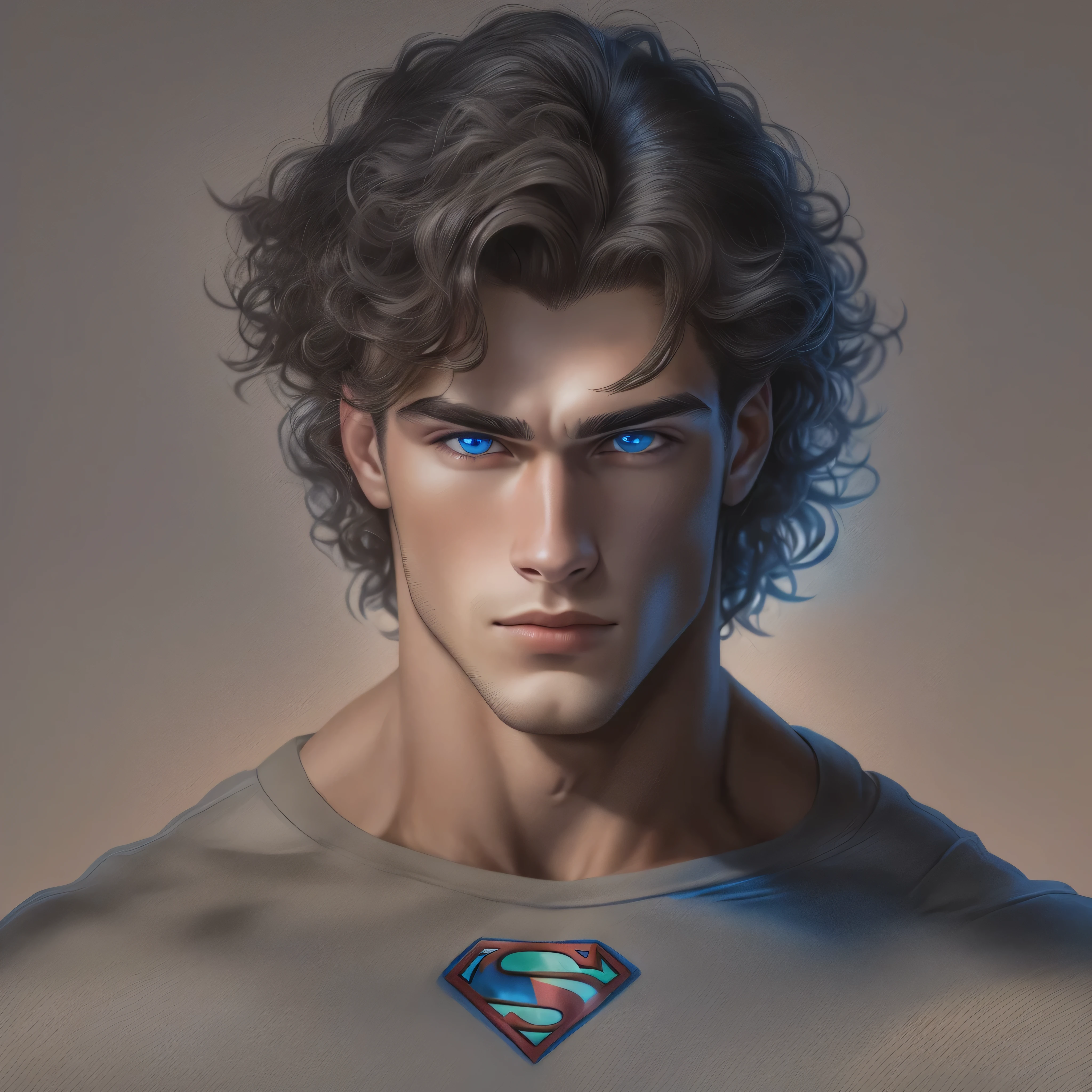 portrait of a handsome male model, 18 years old, black shirt with superman symbol on the front, jean pants, without beard, with wavy hair, blue eyes, defined muscles, fit, ripped body, medium shot, ultra highest detailed face, darmatic lighting, dim light