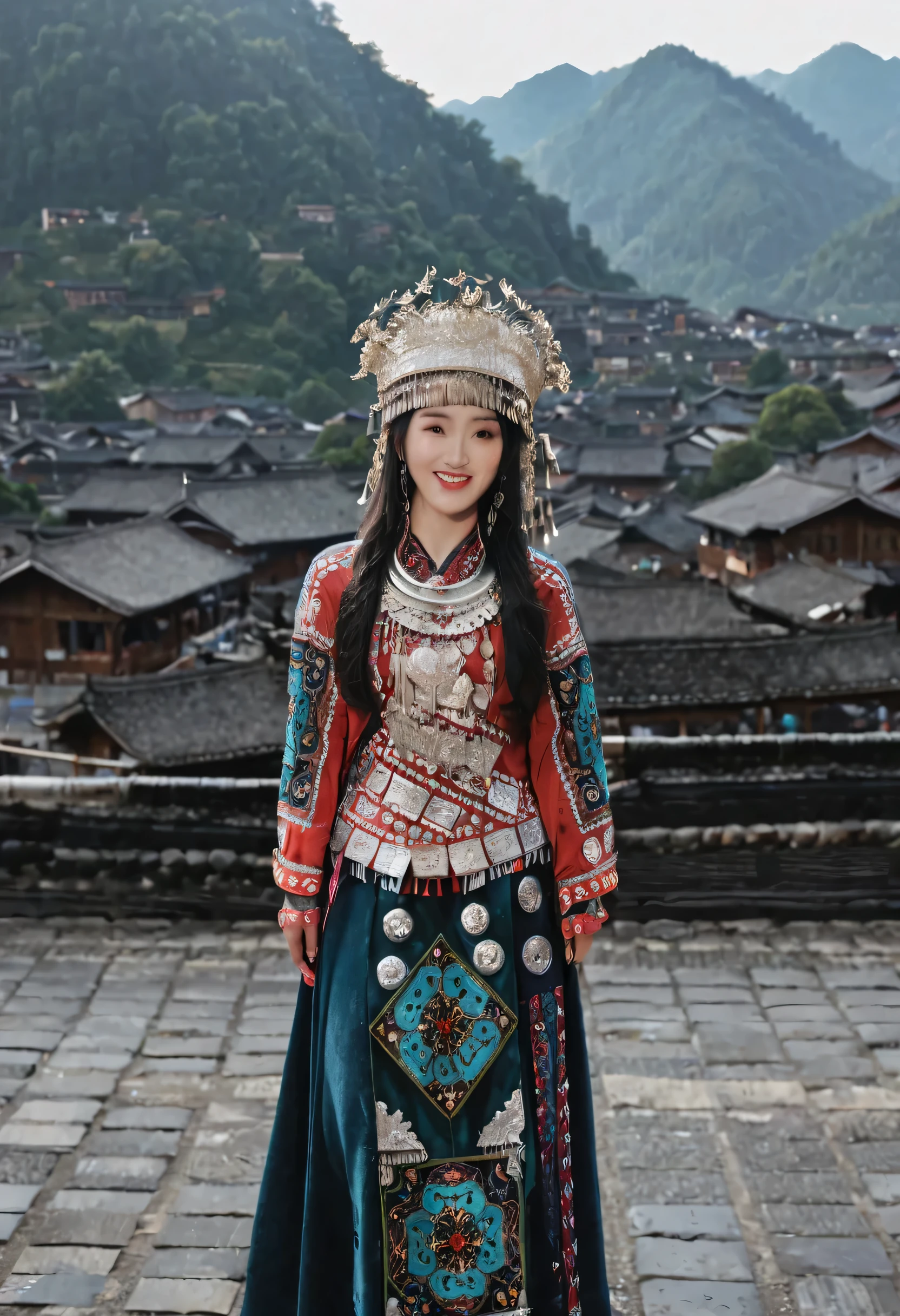 best quality,masterpiece,ultra high resolution,(actual:1.4),Open your eyes,Smile,red theme,Miao Village,Miao,1 girl,solo,long sleeves,photo background,black hair,Look at the audience,hat,Bangs,Vague background,outdoor,long hair,cowboy shoot,skirt,Vague,(high quality,Excellent lighting,Highly detailed,sharp focus,8K Ultra HD,masterpieceart)