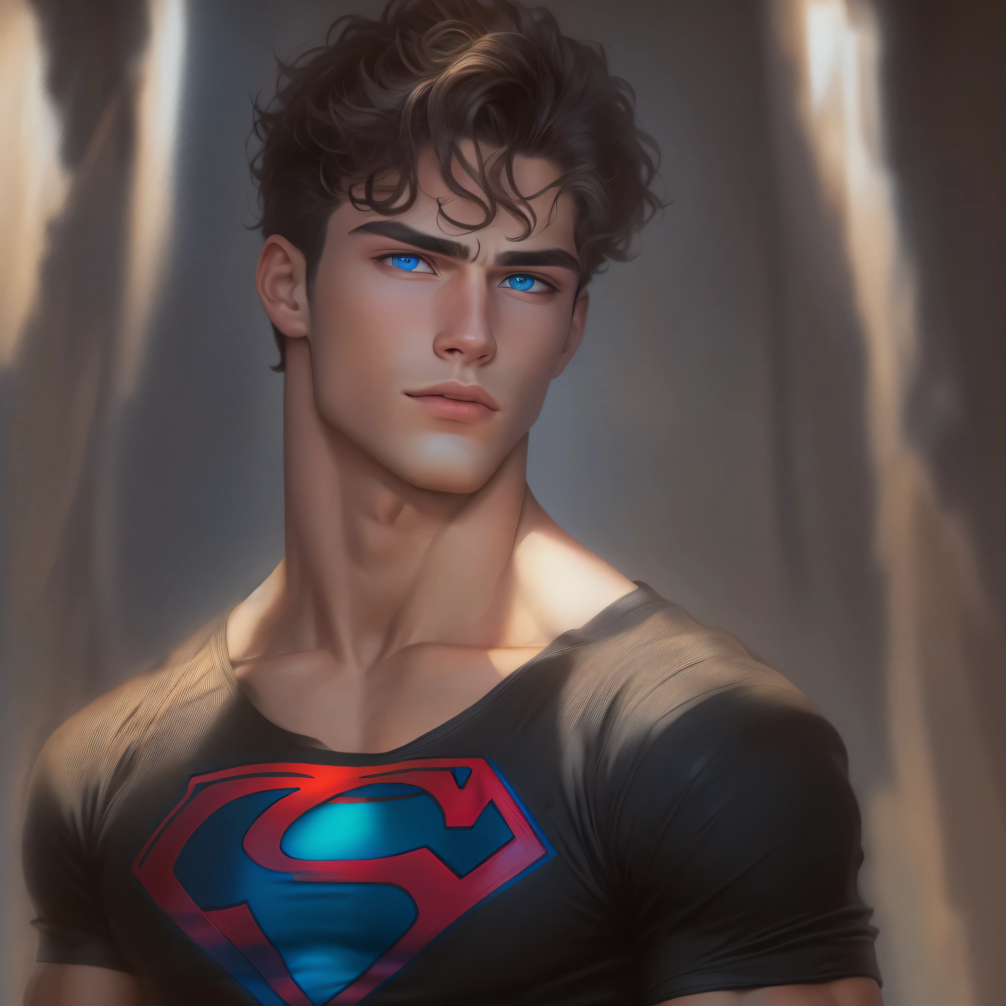 portrait of a handsome male model, 18 years old, black shirt with superman symbol on the front, jean pants, without beard, with wavy hair, blue eyes, defined muscles, fit, ripped body, medium shot, ultra highest detailed face, darmatic lighting, dim light