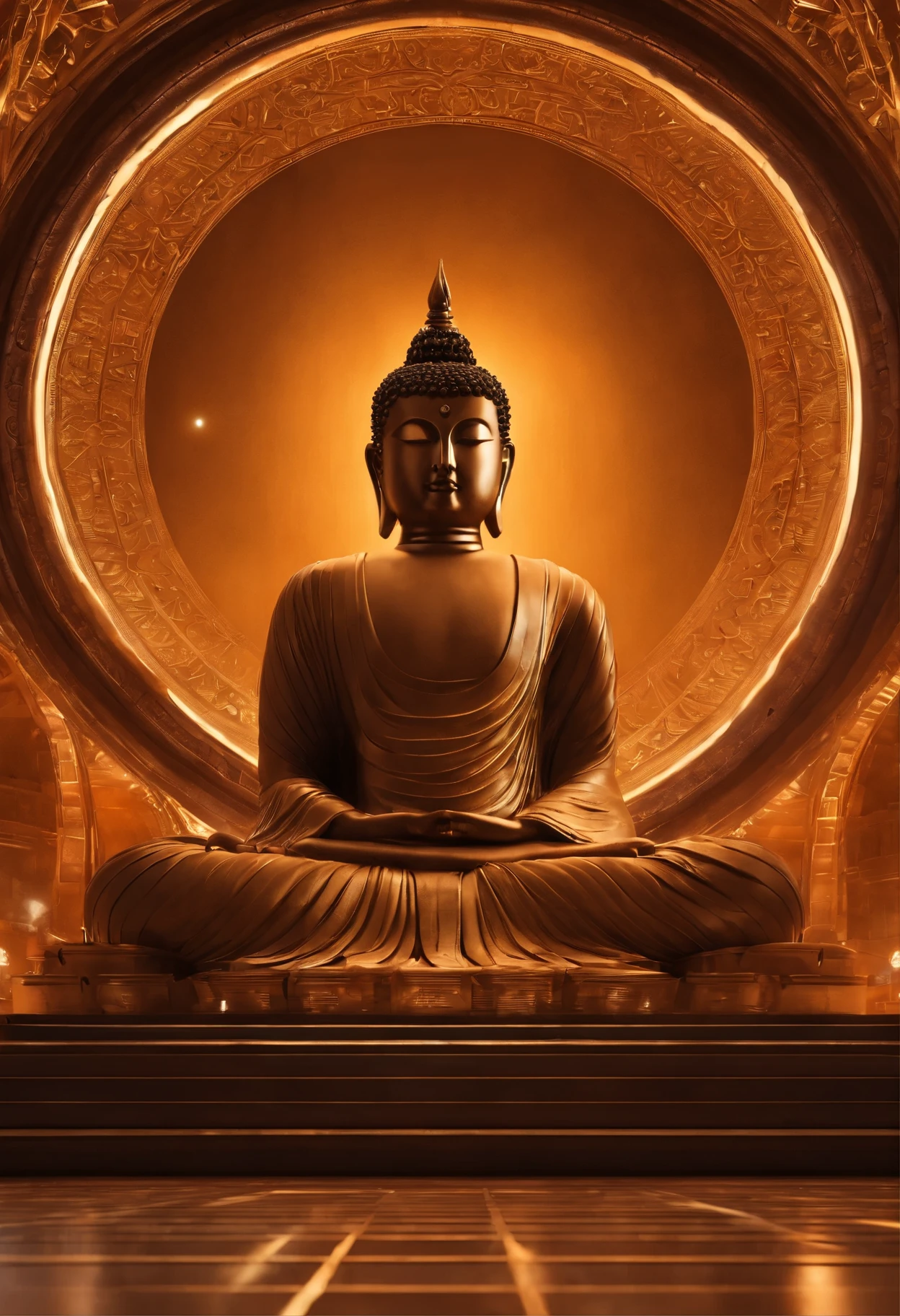 Tyndall's principles of light and shadow art，future buddha，temple，rotunda，Realistic hyper-detailed rendering，32k uhd，dark orange and light gold，Futuristic space escape，system art style，Symmetrical balance，spectacular backdrops，RTX technology，Augmented Reality，RTX VSR video super-resolution technology