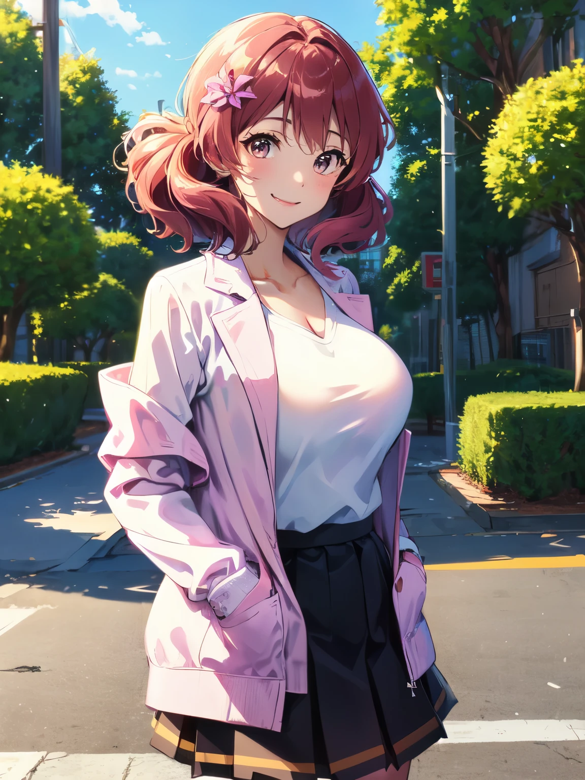 masterpiece, highest quality, High resolution, Kumiko Oumae, 1girl 、big breasts、flower＿hair ornaments, pink hair、white sweater, purple jacket, smile, long sleeve, open clothes, black bow, skirt, cowboy shot, outdoors, street, Are standing, put one&#39;s hand in one&#39;s pocket,