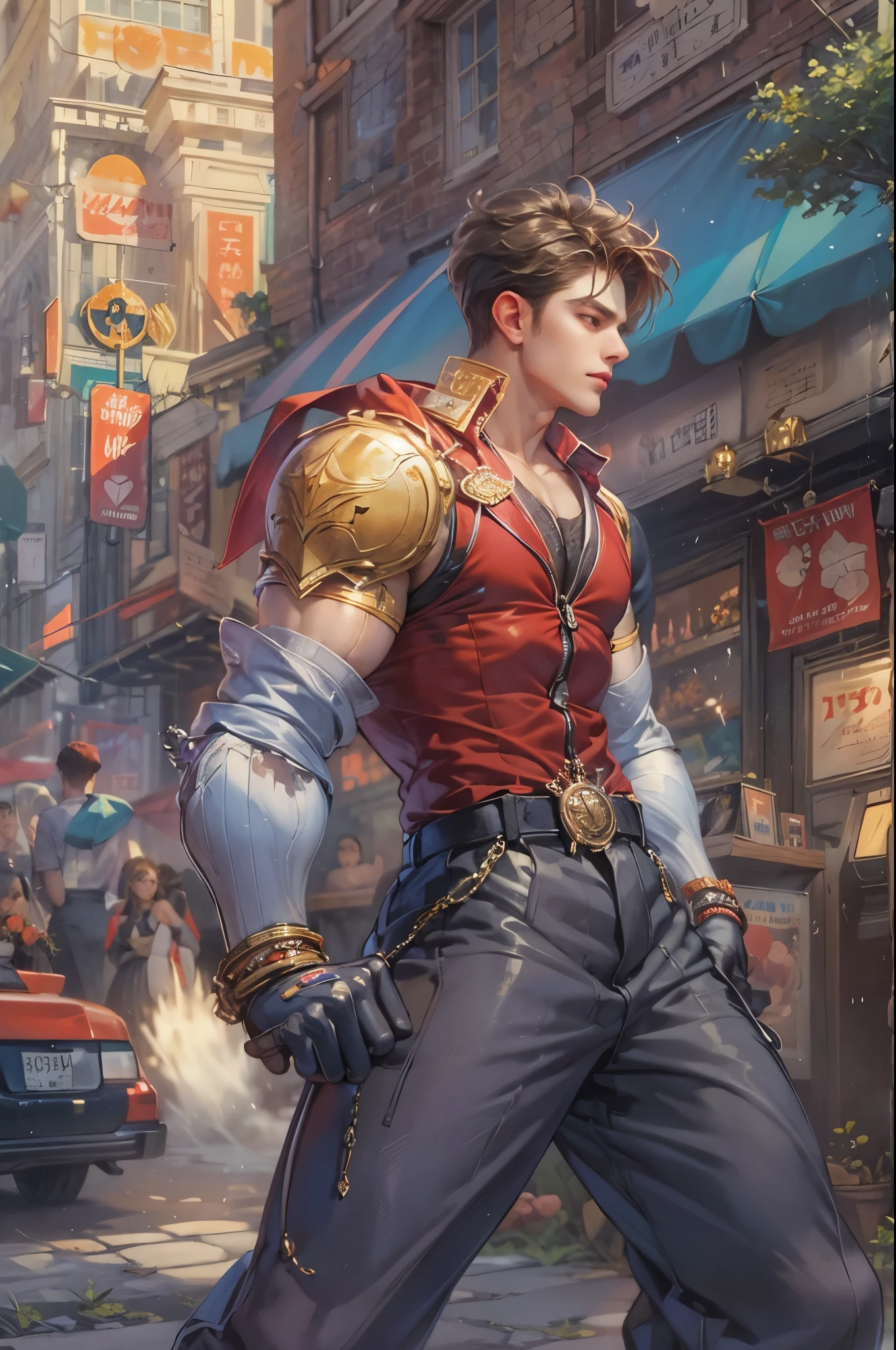 ((Best quality)), ((masterpiece)), (detailed), ((perfect face)), ((halfbody)) handsome face, male, teen boy,  perfect proportions , a male character hero from marvel vs capcom arcade game, detailed town background, detailed scenery background 