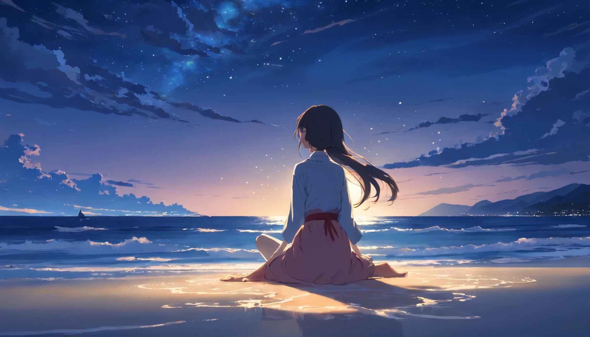 The moonlight shines on the deserted beach、A breathtaking view unfolds, Paint the sky with a tapestry of twinkling stars. In the center of this magical moment, Young woman with long cascading hair sitting in deep meditation. Its quiet presence、Evoking a sense of inner peace and tranquility on a vast empty coast。.
Silhouette of a girl emerging against the darkness, His calm expression illuminated by the soft moonlight. Long tentacles of hair cascade down your back., Intertwined with the gentle sea breeze caressing my face. Closed eyes indicate a deep connection with the universe, As if my thoughts were in harmony with the whisper of the ocean waves..