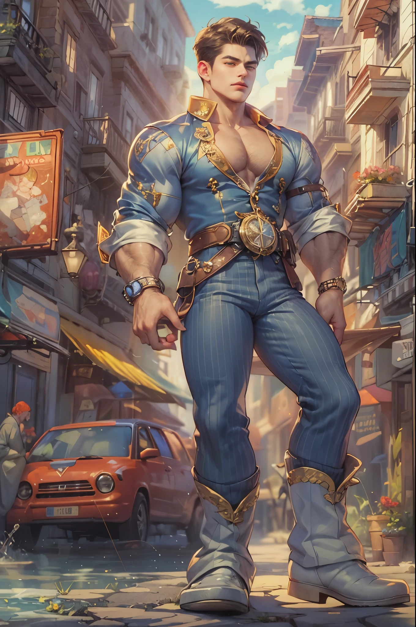 ((Best quality)), ((masterpiece)), (detailed), ((perfect face)), ((halfbody)) handsome face, male, **** boy,  perfect proportions , a male character hero from marvel vs capcom arcade game, detailed town background, detailed scenery background 