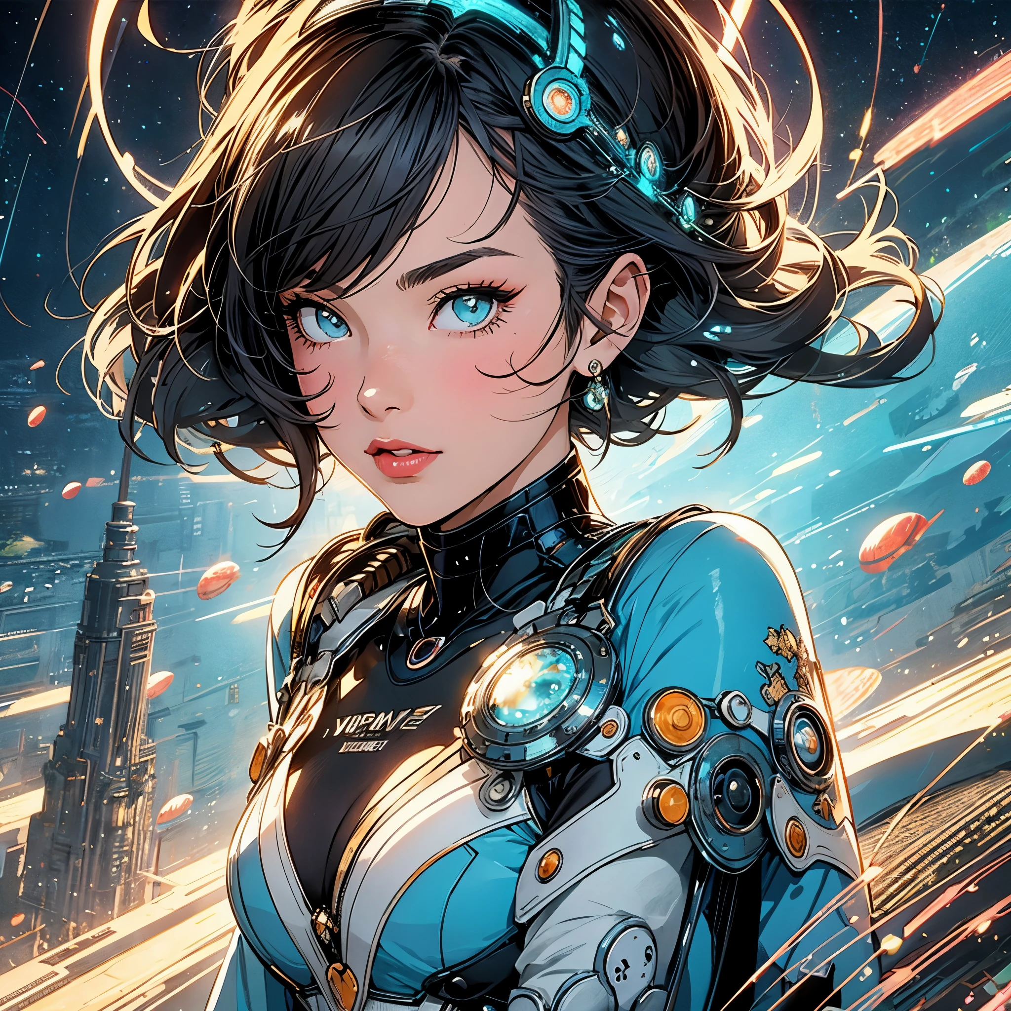 (masterpiece, highest quality), 32K,(highly detailed beautiful woman), poster,SF,1960s,1970s,bauhaus, shape, abstract,movie poster, vintage,retro,futuristic anime,ultimate map,highlight,highly detailed glowing eyes,cleavage,complicated pattern,Stylish hairstyle,turquoise bodysuit,Starry Sky,