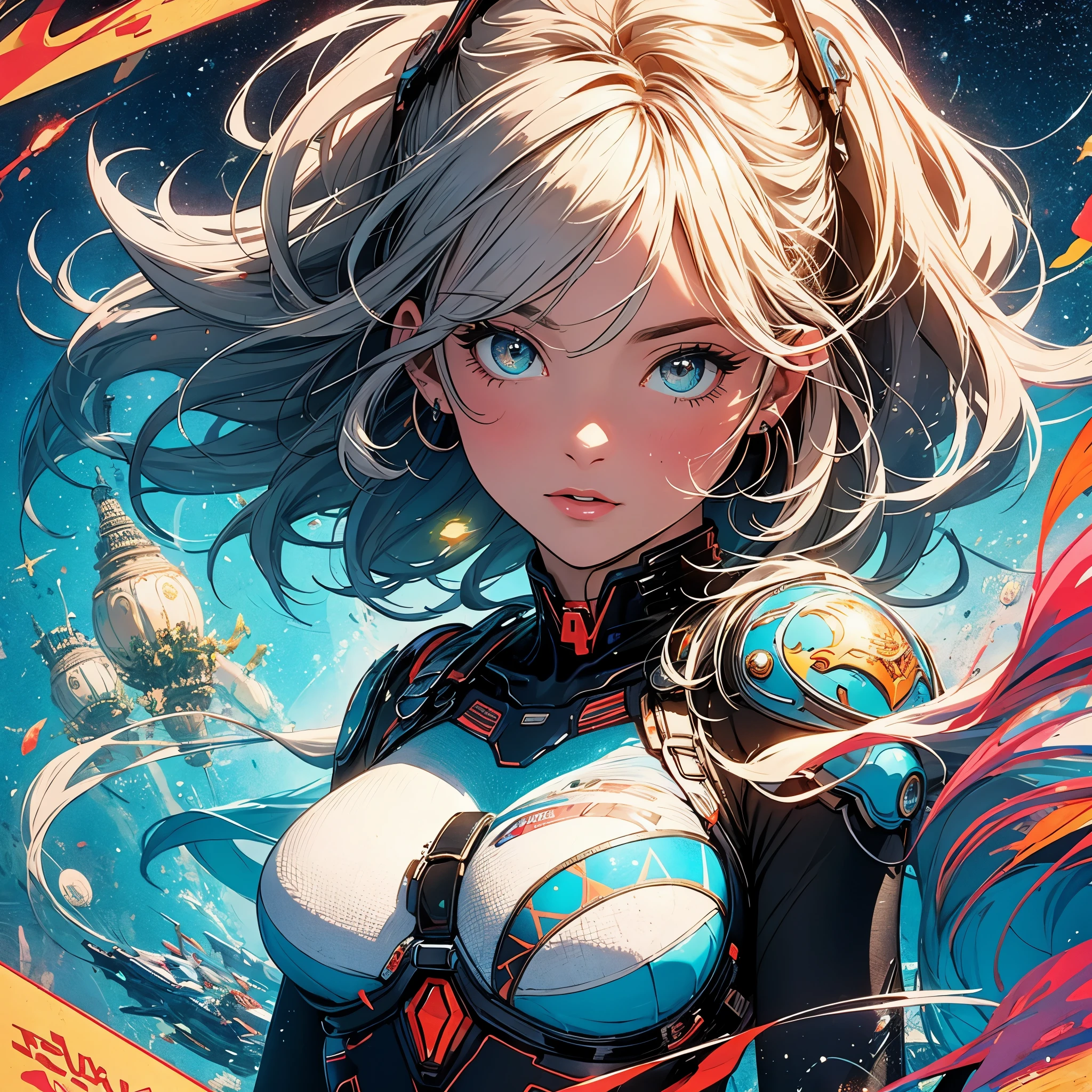 (masterpiece, highest quality), 32K,(highly detailed beautiful woman), poster,SF,1960s,1970s,bauhaus, shape, abstract,movie poster, vintage,retro,futuristic anime,ultimate map,highlight,highly detailed glowing eyes,cleavage,complicated pattern,Stylish hairstyle,turquoise bodysuit,Starry Sky,