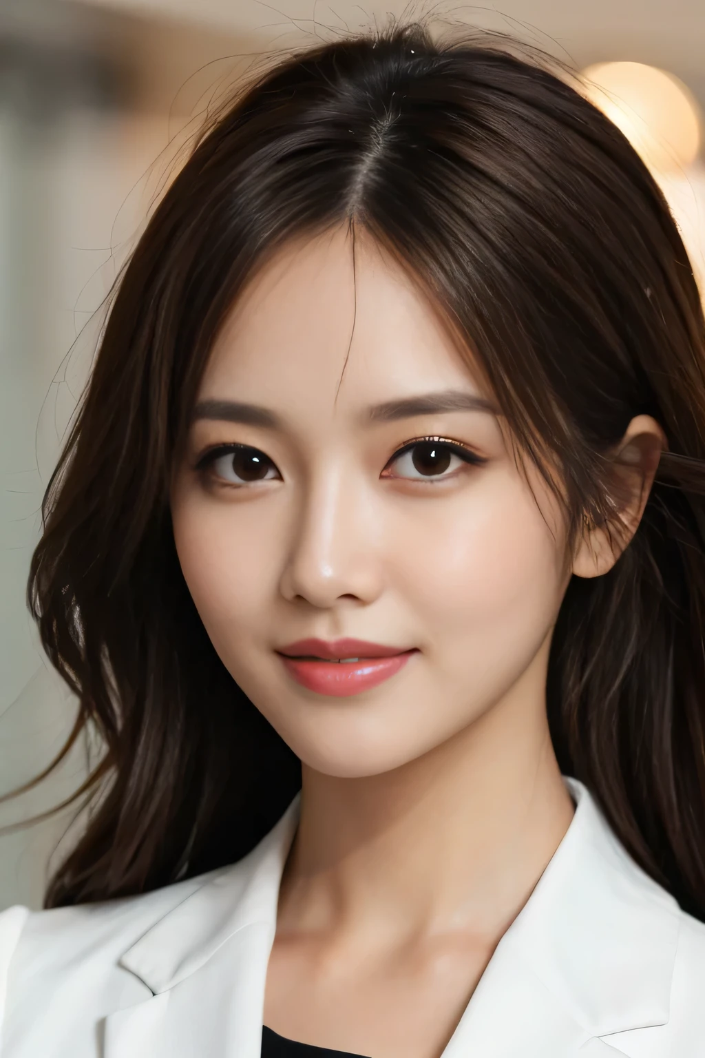 table top, highest quality, realistic, Super detailed, finely, High resolution, 8k wallpaper, 1 beautiful woman,, light brown messy hair, wearing a business suit, sharp focus, perfect dynamic composition, beautiful and detailed eyes, thin hair, Detailed realistic skin texture, smile, close-up portrait, model body shape