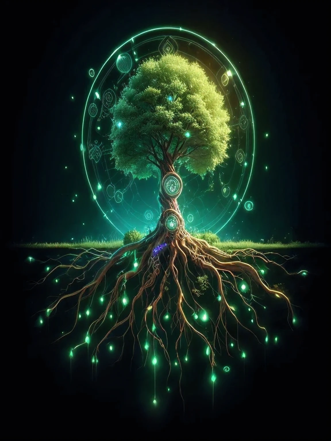 a tree with glowing roots and a glowing moon in the background, cosmic tree of life, tree of life seed of doubt, rooted lineage, cosmic tree, fantasy tree, yggdrasil, magical tree, world tree, the world tree, background artwork, magic tree, elemental guardian of life, tree of life, the tree of life