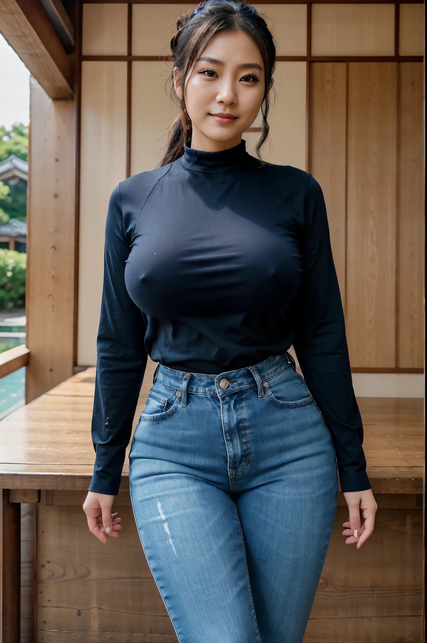 Dressed in Korean blue tight jeans, bbwchan, sexy look, Japanese goddess, 40 years old, Korean woman, Asian girl, 40 years old, wearing black long-sleeved blouse, Oppai, Oppai, beautiful South Korean woman, smiling, full body, 8k resolution, hair tied up bun, huge thighs