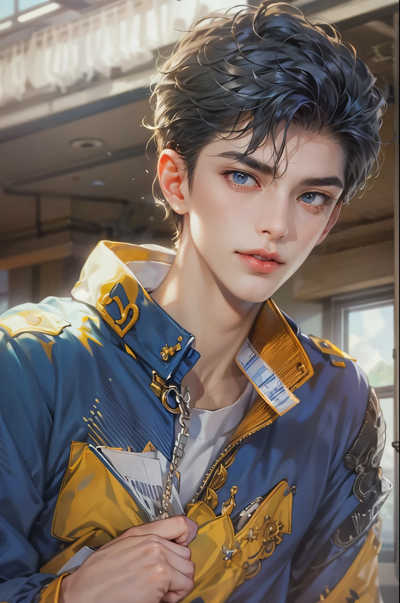 ((Best quality)), ((masterpiece)), (detailed), ((perfect face)), ((halfbody)) handsome face, male, teen boy, perfect proportions , a character from anime voltes five , casual outfit, detailed school interior scenery background
