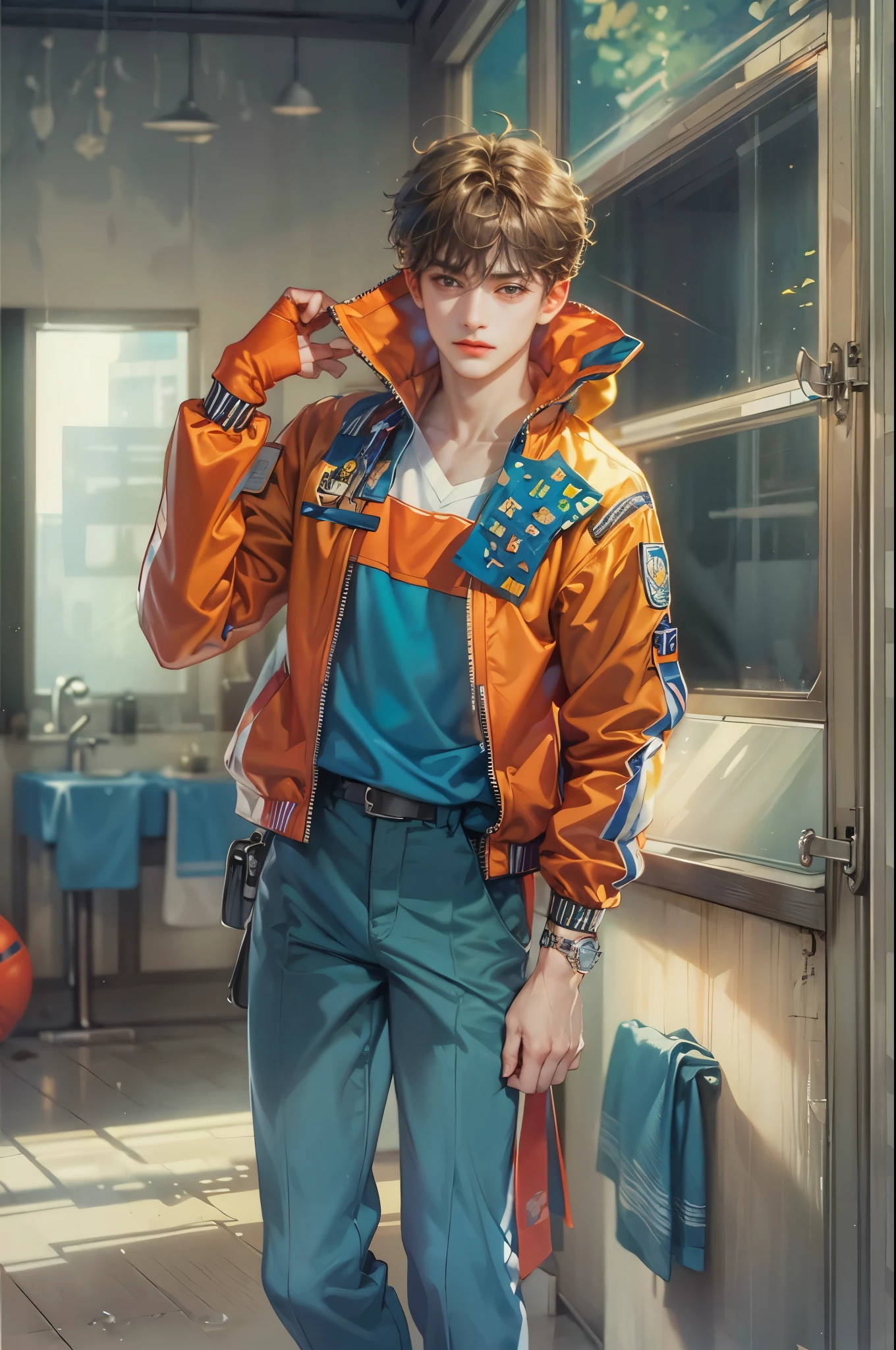 ((Best quality)), ((masterpiece)), (detailed), ((perfect face)), ((halfbody)) handsome face, male, teen boy, perfect proportions , a character from anime voltes five , casual outfit, detailed school interior scenery background
