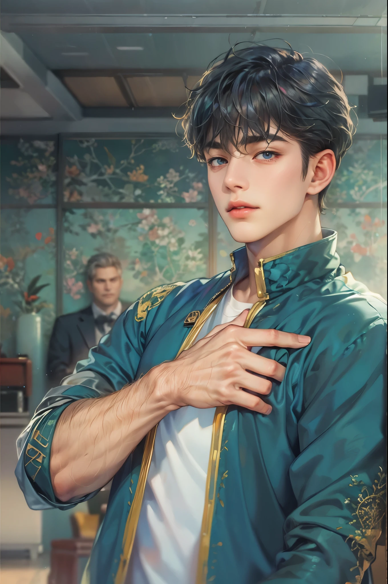 ((Best quality)), ((masterpiece)), (detailed), ((perfect face)), ((halfbody)) handsome face, male, teen boy, perfect proportions , a character from anime voltes five , casual outfit, detailed school interior scenery background