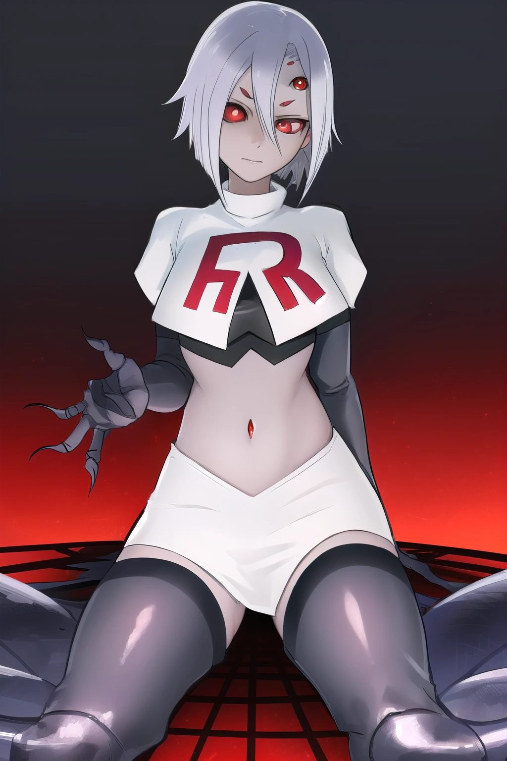 rachneraarachnera, rachnera arachnera, arachne, arthropod girl, (extra eyes:1.5), hair between eyes, insect girl, monster girl, multiple legs, short hair, spider girl, claws, (red eyes:1.5), white hair,
BREAK team rocket,team rocket uniform,white skirt,red letter R,crop top,black thigh-highs,black elbow gloves
BREAK looking at viewer,
BREAK (masterpiece:1.2), best quality, high resolution, unity 8k wallpaper, (illustration:0.8), (beautiful detailed eyes:1.6), extremely detailed face, perfect lighting, extremely detailed CG, (perfect hands, perfect anatomy),