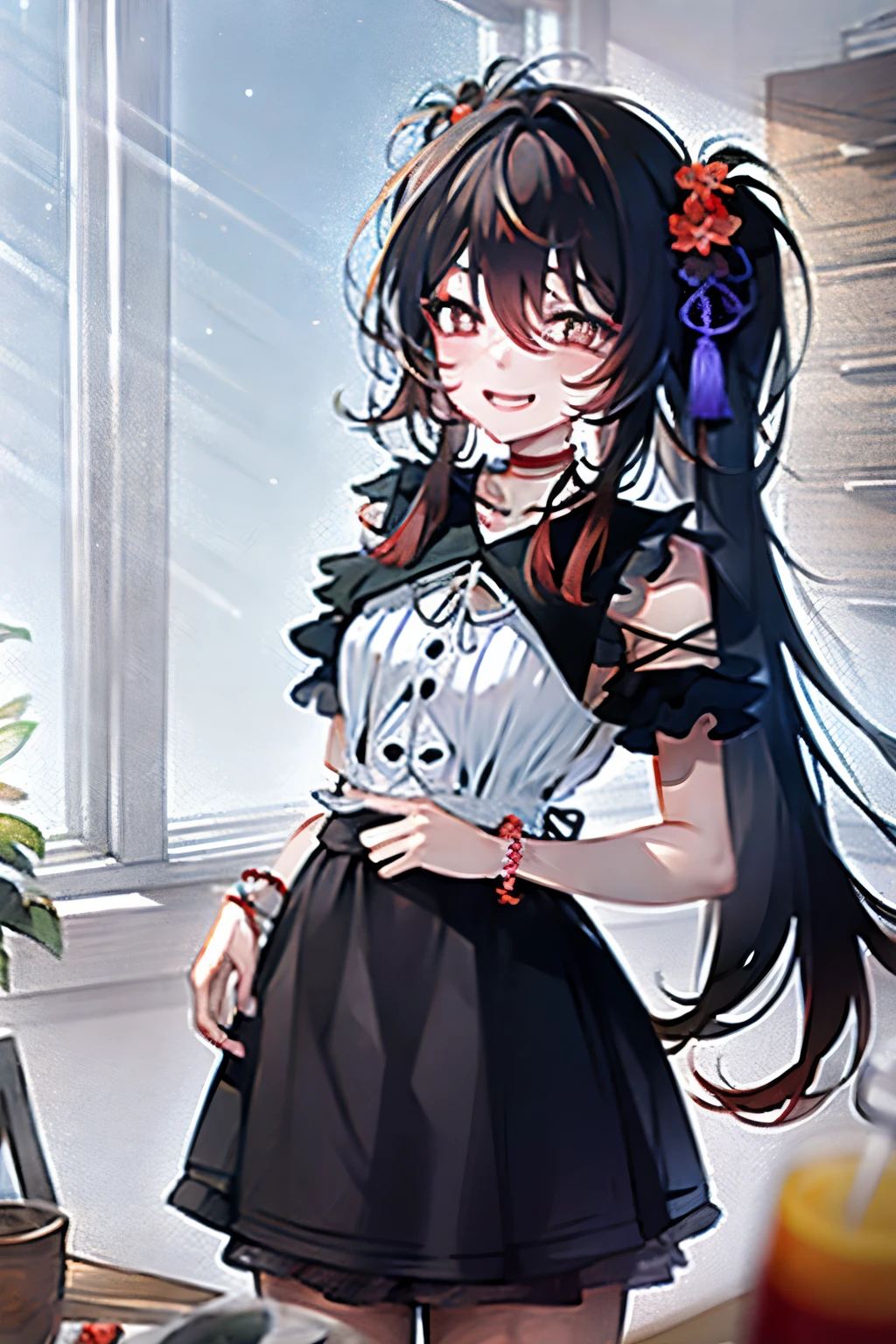 masterpiece, best quality, , 16 years old,Red pleated skirt, big black eyes,Smiling cherry mouth, Beautiful symmetrical face shape, actual