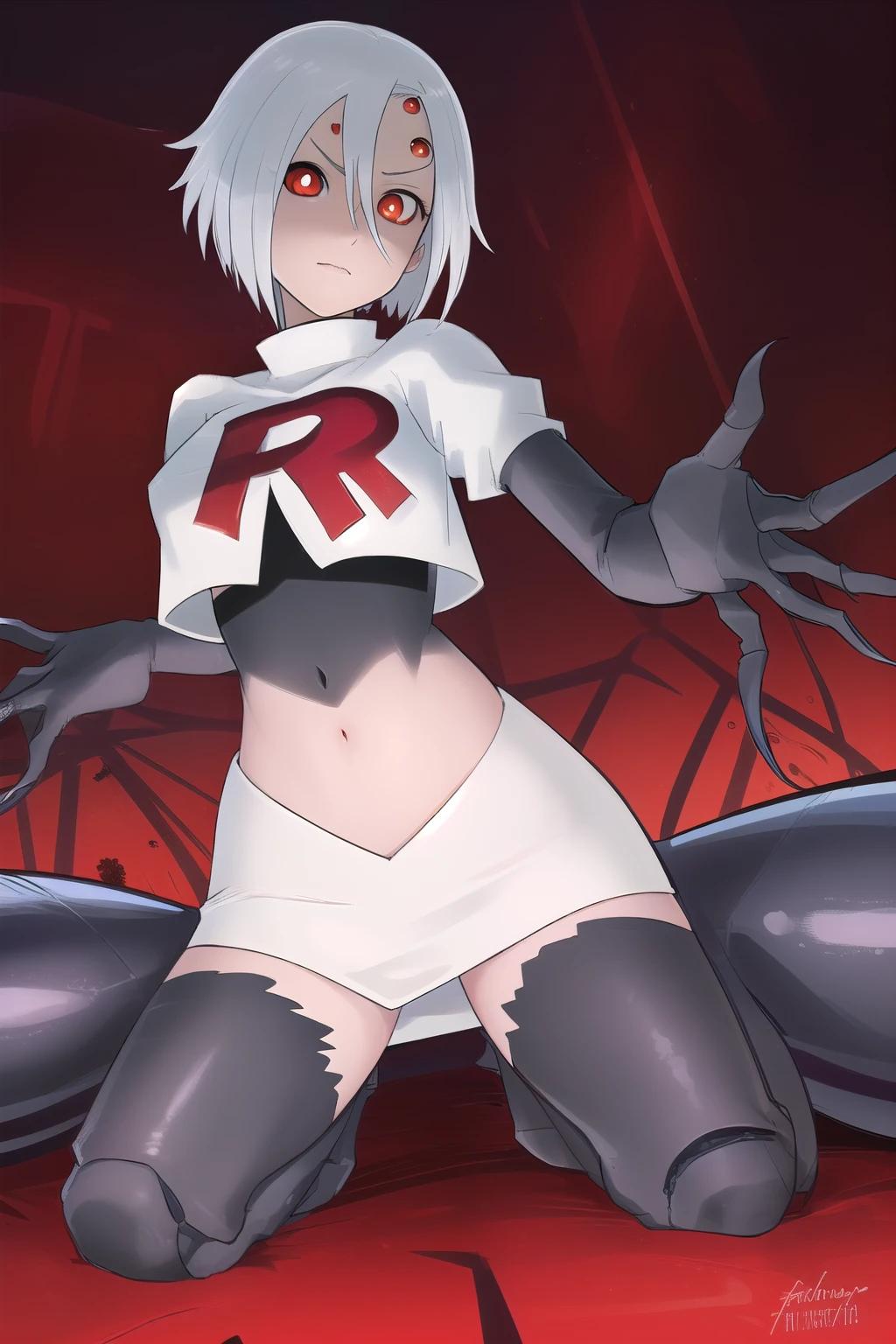 rachneraarachnera, rachnera arachnera, arachne, arthropod girl, (extra eyes:1.5), hair between eyes, insect girl, monster girl, multiple legs, short hair, spider girl, claws, (red eyes:1.5), white hair,
BREAK team rocket,team rocket uniform,white skirt,red letter R,crop top,black thigh-highs,black elbow gloves
BREAK looking at viewer,
BREAK (masterpiece:1.2), best quality, high resolution, unity 8k wallpaper, (illustration:0.8), (beautiful detailed eyes:1.6), extremely detailed face, perfect lighting, extremely detailed CG, (perfect hands, perfect anatomy),