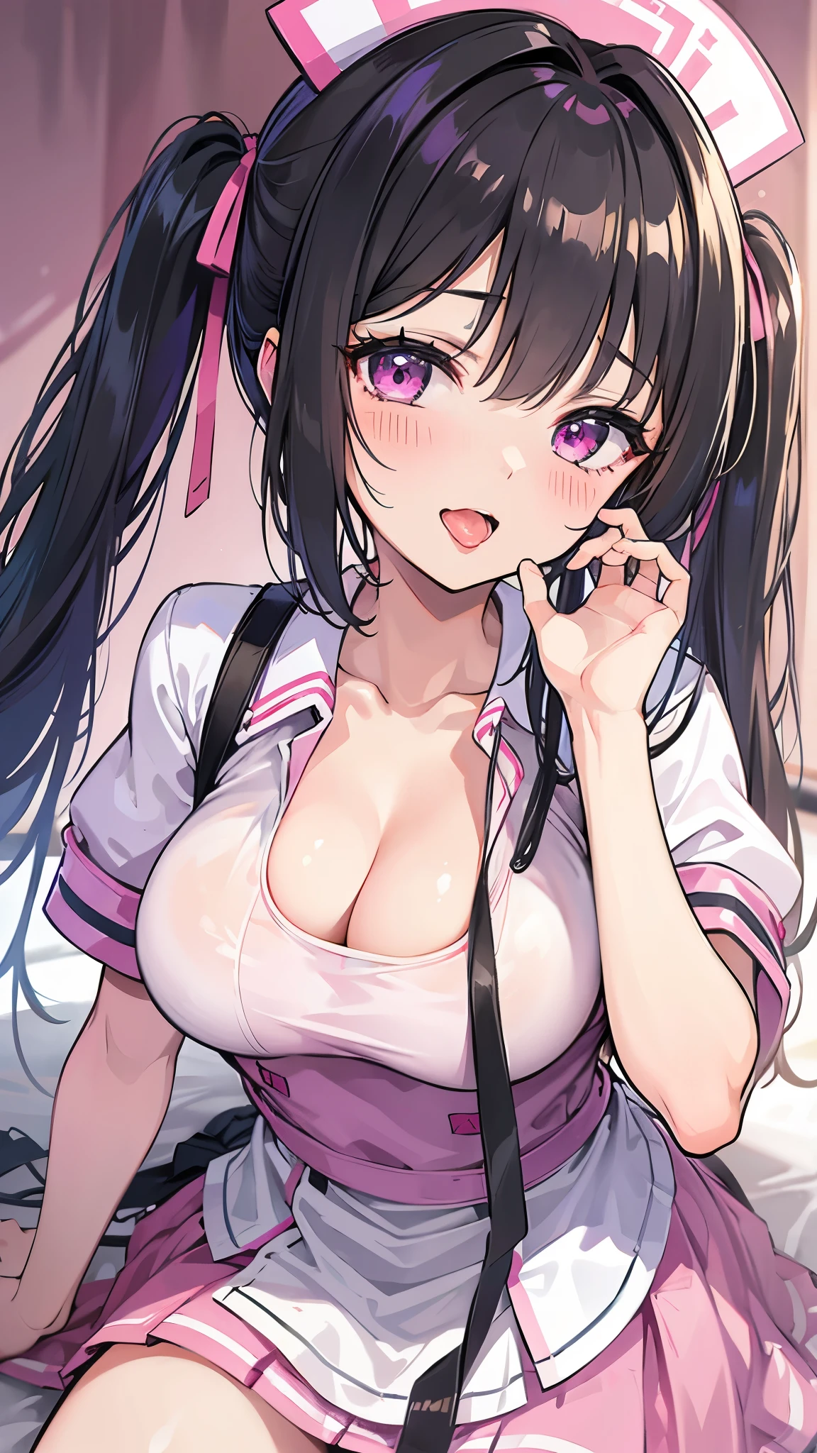 (8K、Highest image quality、highest quality、masterpiece)、detailed face、1 girl、black hair、short twintails、pink eyes、evil smile、((open_mouth))、((fellatio_gesture))、((fellatio hand))、big breasts、nurse cap、((pink nurse uniform))、shiny、((cleavage))、cowboy shot、hospital room background
