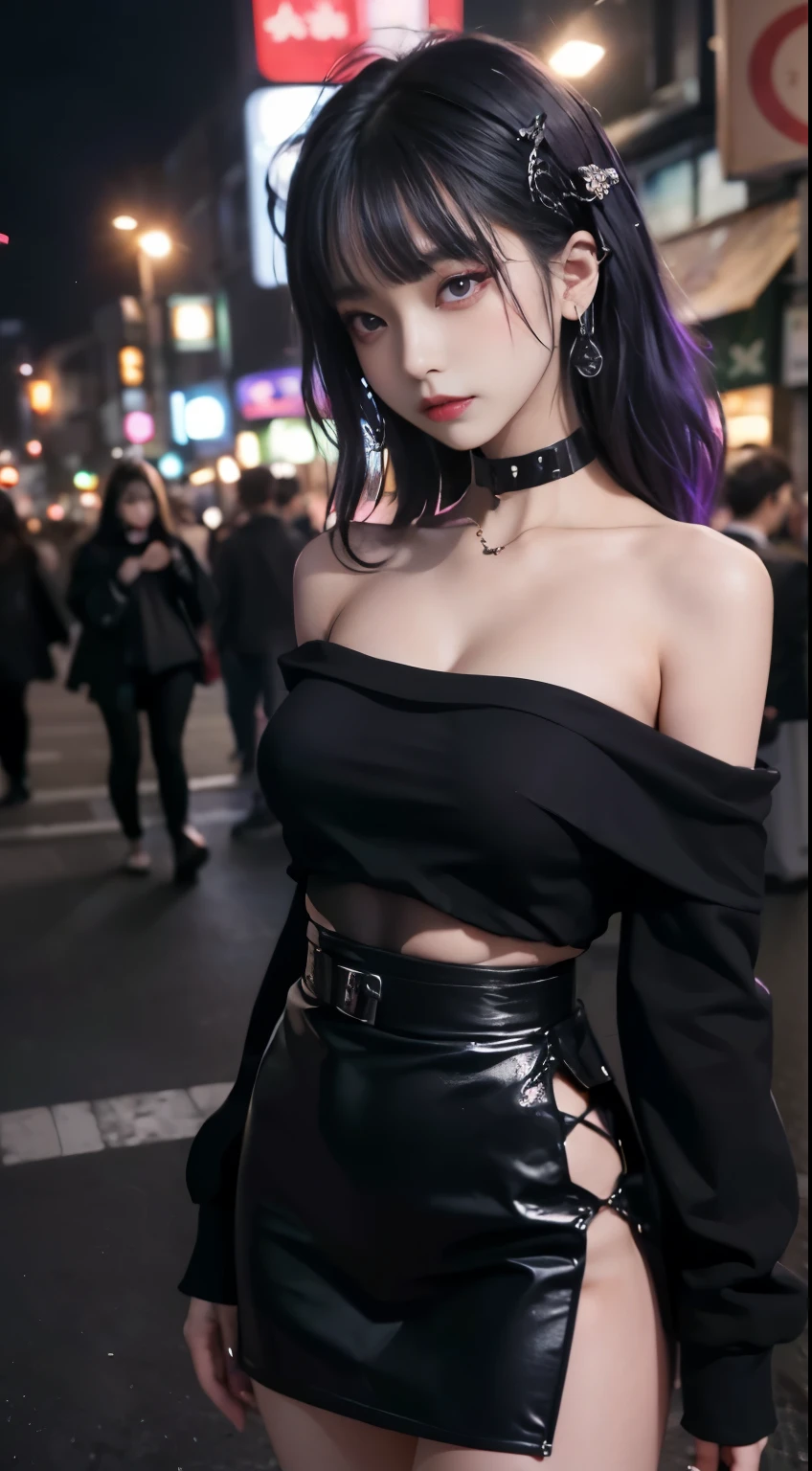 4k-ultra sharp、highest quality, masterpiece, ultra high resolution, (reality: 1.4),   girl, purple eyes, Off-the-shoulder sweater dresses, cinematic lighting、purple and black hair、(mine girl、goth makeup、mine makeup)、(Pierced ears、big breasts、Oversized black T-shirt with open shoulders、dark mini skirt)、((dark makeup、oil skin,sparkling skin、realistic skin texture、detailed beautiful skin、shiny skin)), nightの暗い繁華街、night、blue film photography、kabukicho、Dark Cyberpunk、(full shot:1.8)、thin legs、thin arms、thin shoulders、thin waist、slender body、big breasts、whole body、Height 161cm、Weight 48Kg、F cup three sizes:B90/W56/H87 A big-breasted  with experience of over 50 people