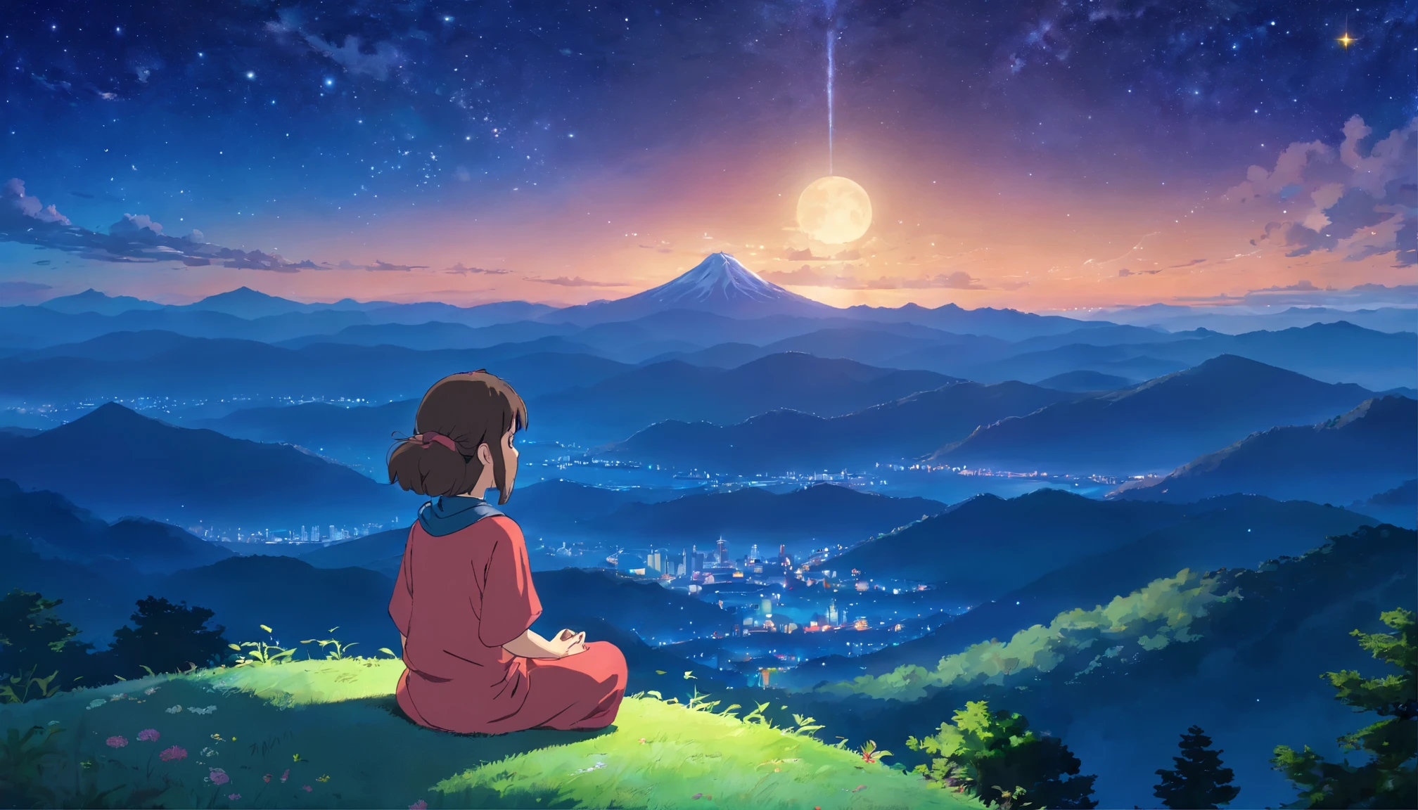 While looking at the starry sky with the mountain top in the background、Girl meditating on Kasu at night