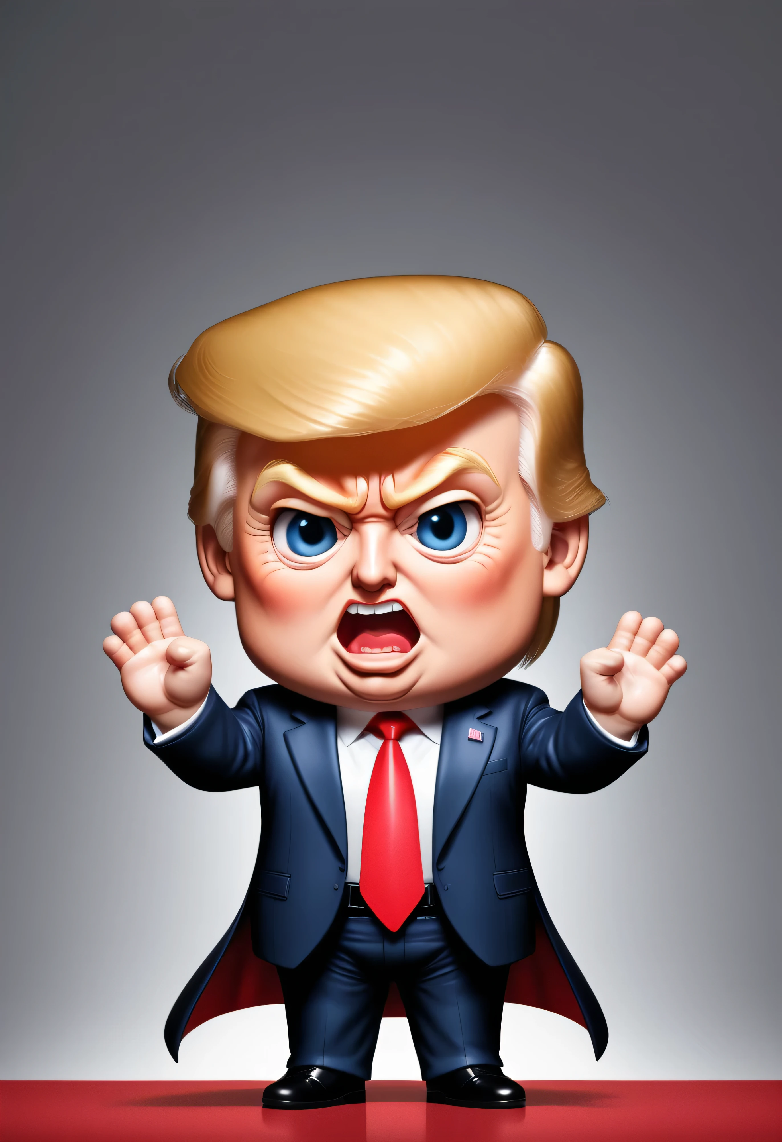 a chibi president trump looking very triumphant. cute. hands up in typical Trump fashion. red MAGA hat.