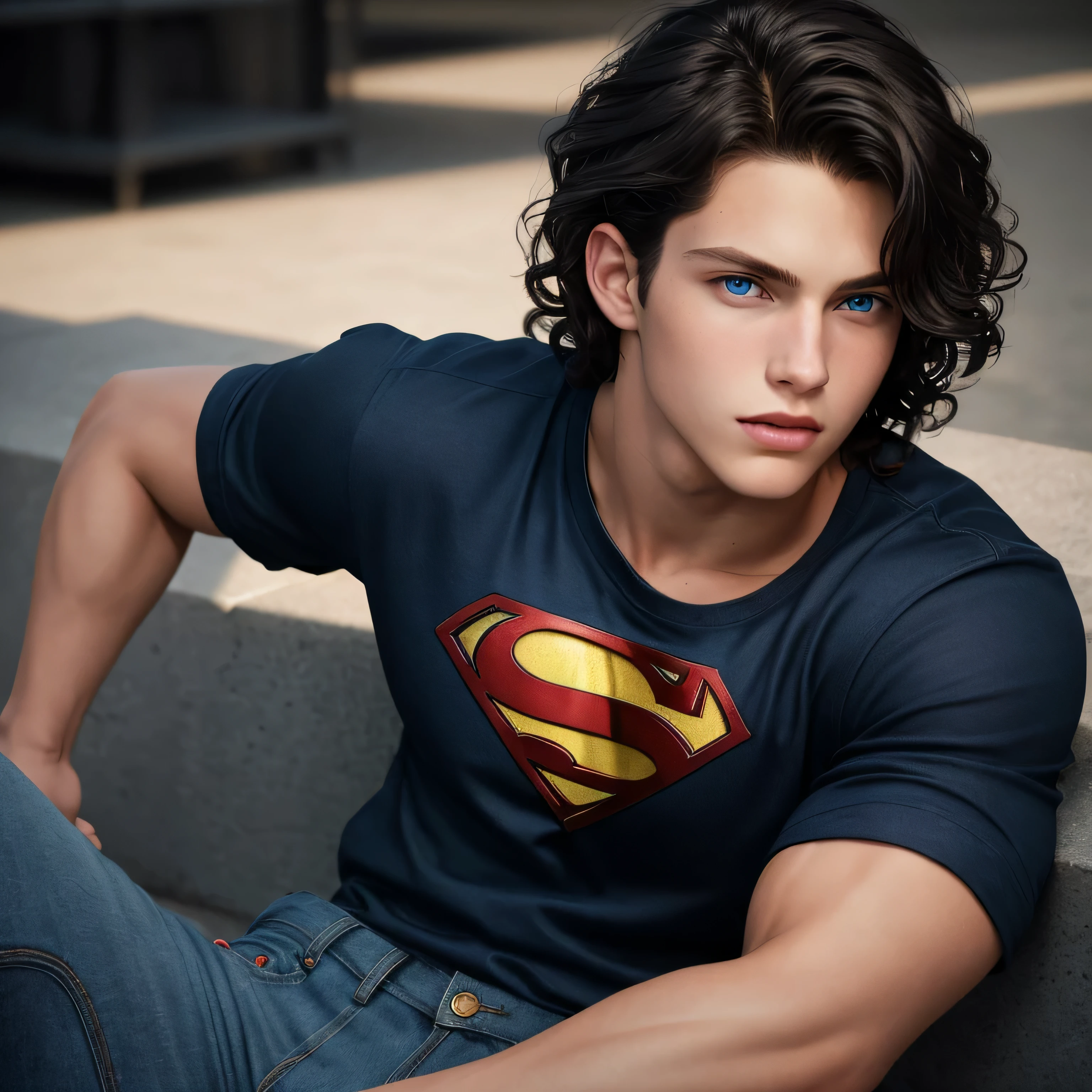 portrait of a handsome male model, 18 years old, 1boy, black shirt with superman symbol on the front, jean pants, without beard, with wavy hair, blue eyes, defined muscles, fit, medium shot, ultra highest detailed face, darmatic lighting, dim light
