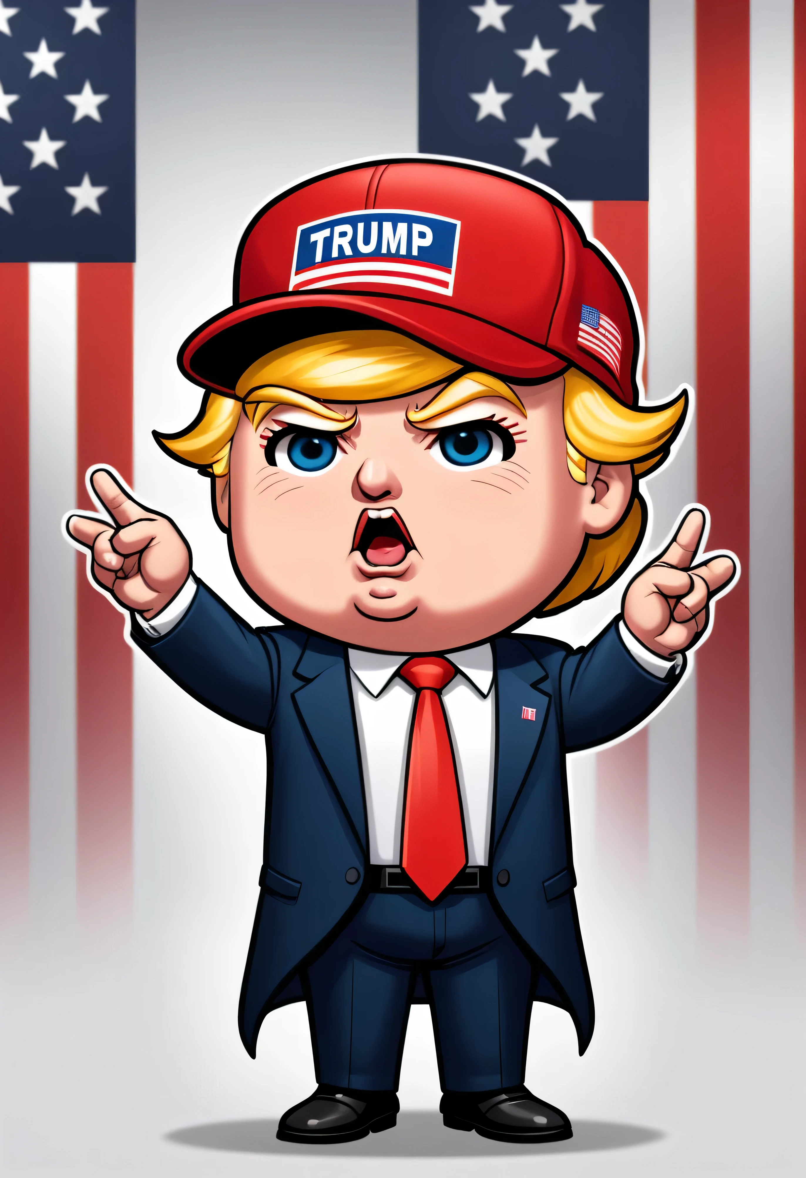 a chibi president trump looking very triumphant. cute. hands up in typical Trump fashion. red MAGA hat.