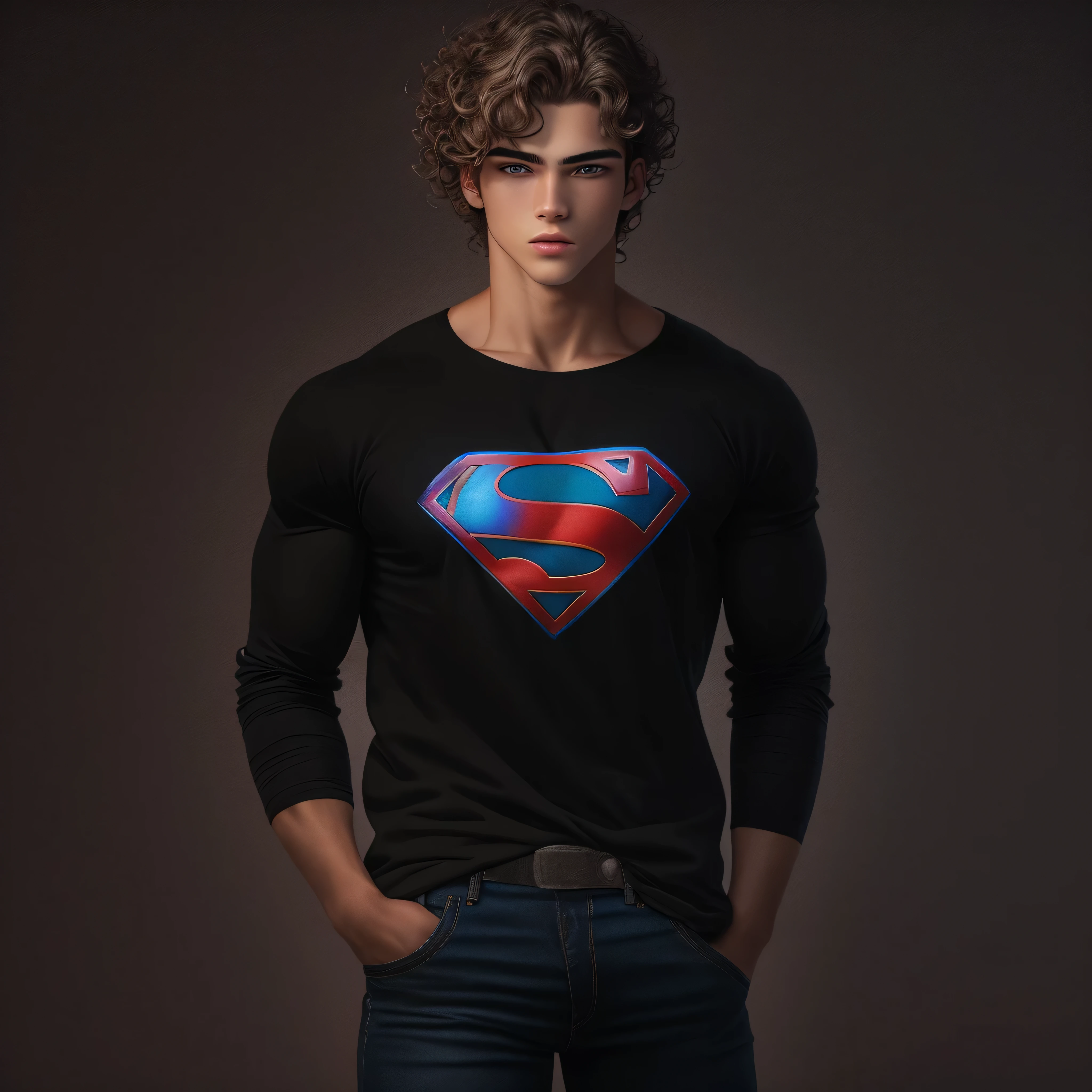 portrait of a handsome male model, 18 years old, black shirt with superman symbol on the front, jean pants, without beard, with wavy hair, blue eyes, defined muscles, fit, ripped body, medium shot, ultra highest detailed face, darmatic lighting, dim light