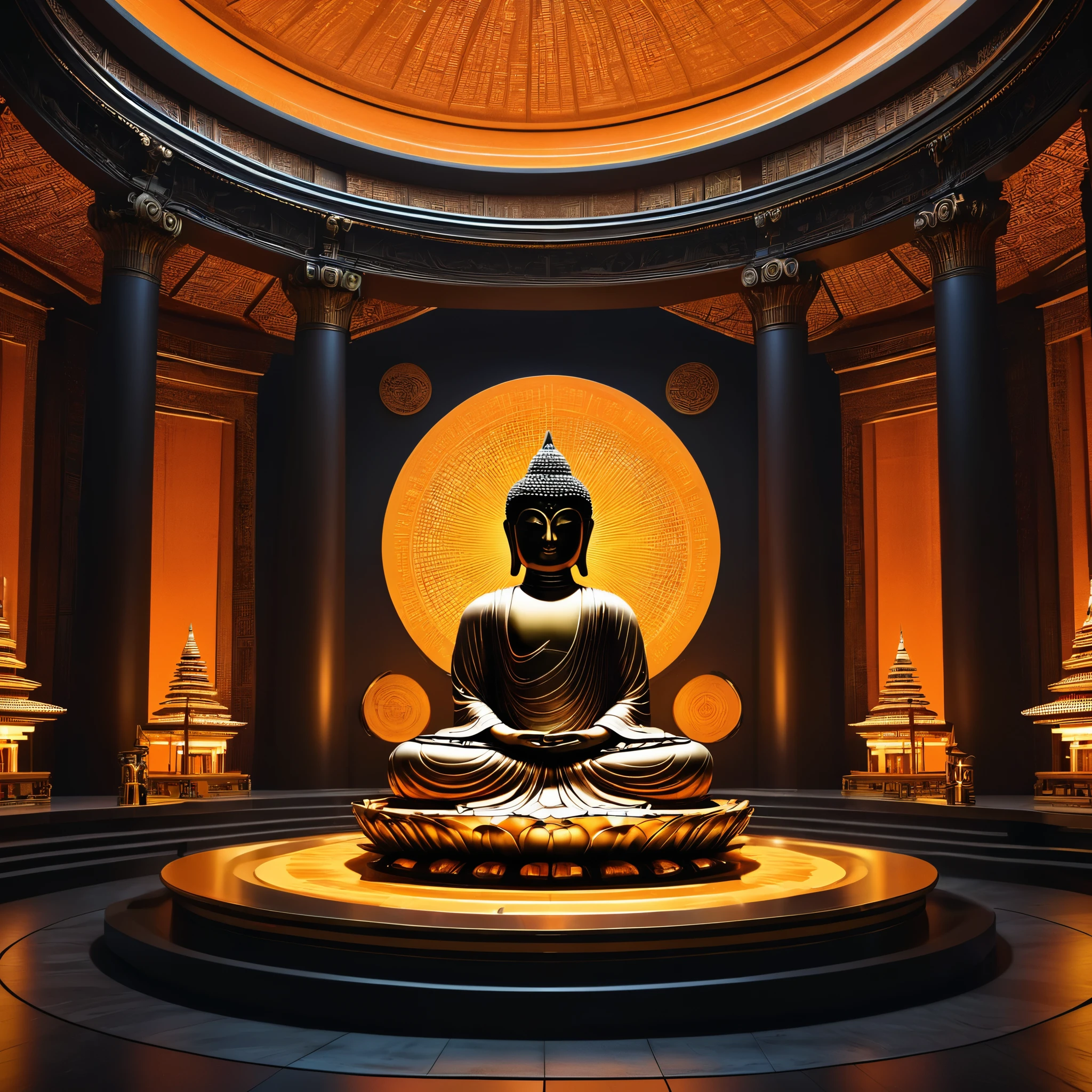 Tyndall's principles of light and shadow art，future buddha，temple，rotunda，Realistic hyper-detailed rendering，32k uhd，dark orange and light gold，Futuristic space escape，system art style，Symmetrical balance，spectacular backdrops，RTX technology，Augmented Reality，RTX VSR video super-resolution technology