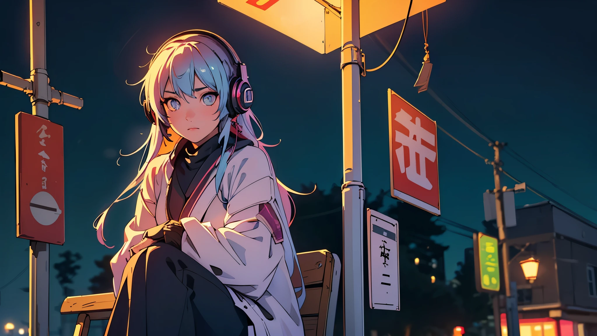 (highest quality,Edo period town、be familiar with,perfect face,beautiful woman listening to music,sitting at the bus stop,cyberpunk look、unusual hair color,soft lighting,Bright colors,sparkling ornaments,night,peaceful atmosphere,Cozy background,expressive eyes,flowing hair,Headphones On,bright eyes,Likeable character、alone