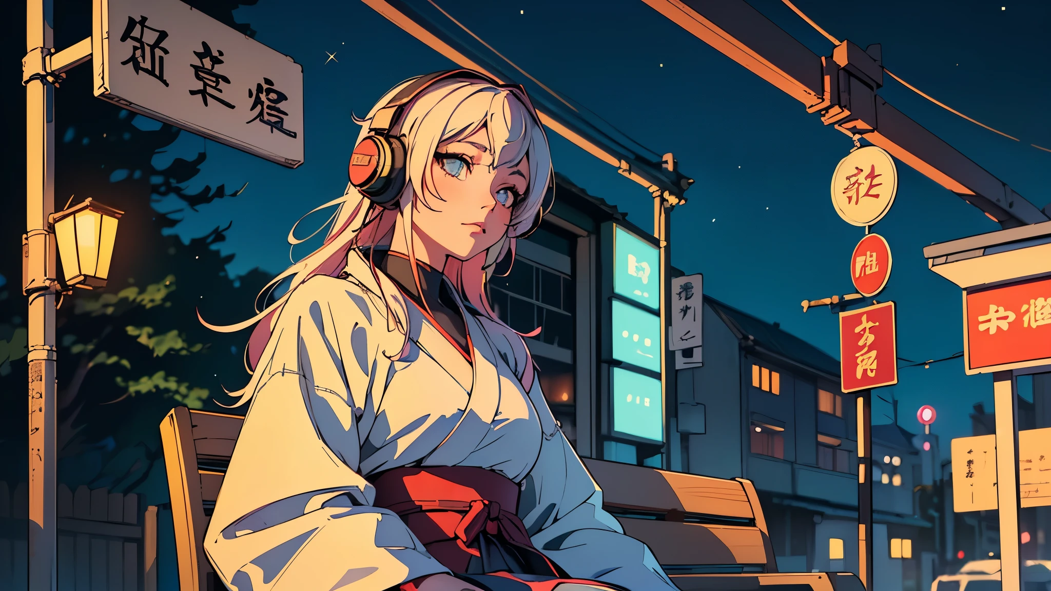 (highest quality,Edo period town、be familiar with,perfect face,beautiful woman listening to music,sitting at the bus stop,cyberpunk look、unusual hair color,soft lighting,Bright colors,sparkling ornaments,night,peaceful atmosphere,Cozy background,expressive eyes,flowing hair,Headphones On,bright eyes,Likeable character、alone