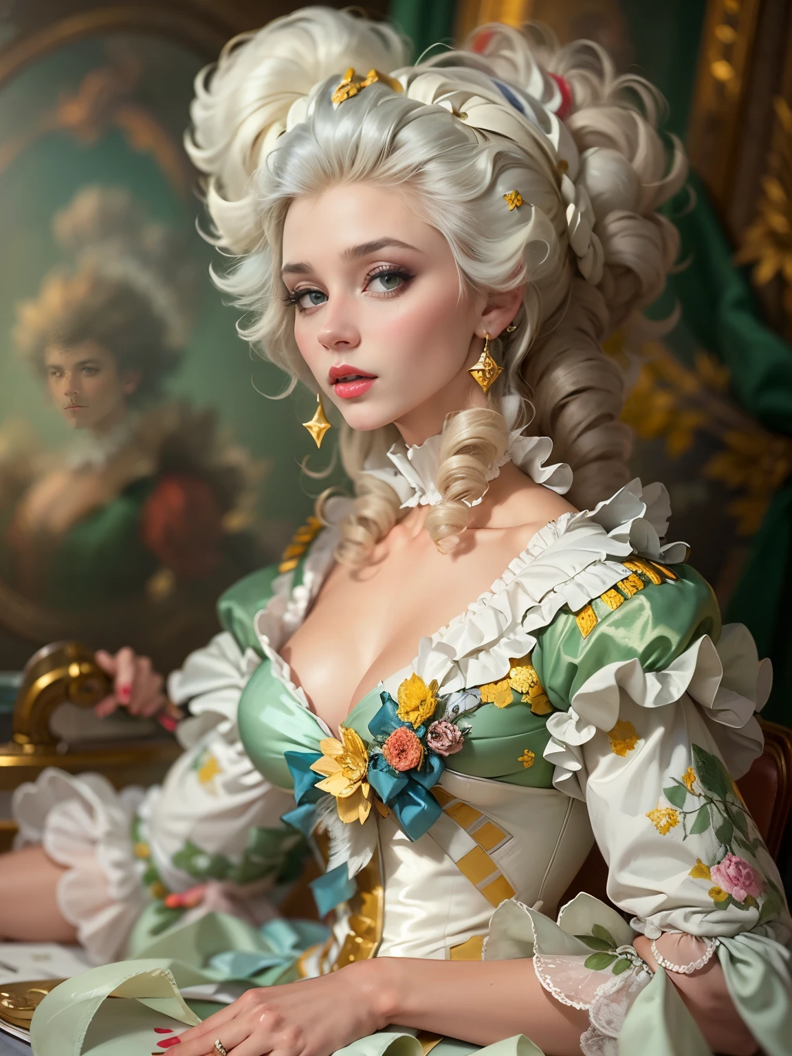 Masterpeace, ultra detailed, 8k, intricate detail, !(beautiful woman looks like young Amy Yasbeck  in a white dress with a fan white royal wig , big chest cleavage, perfect body,  !(((marie antoinette wig))), 18 th century style, rococo queen, inspired by Adélaïde Labille-Guiard, rococo style portrait, rococo art style, adelaide labille - guiard, rococo portrait, 18th century art, rococo fashion)