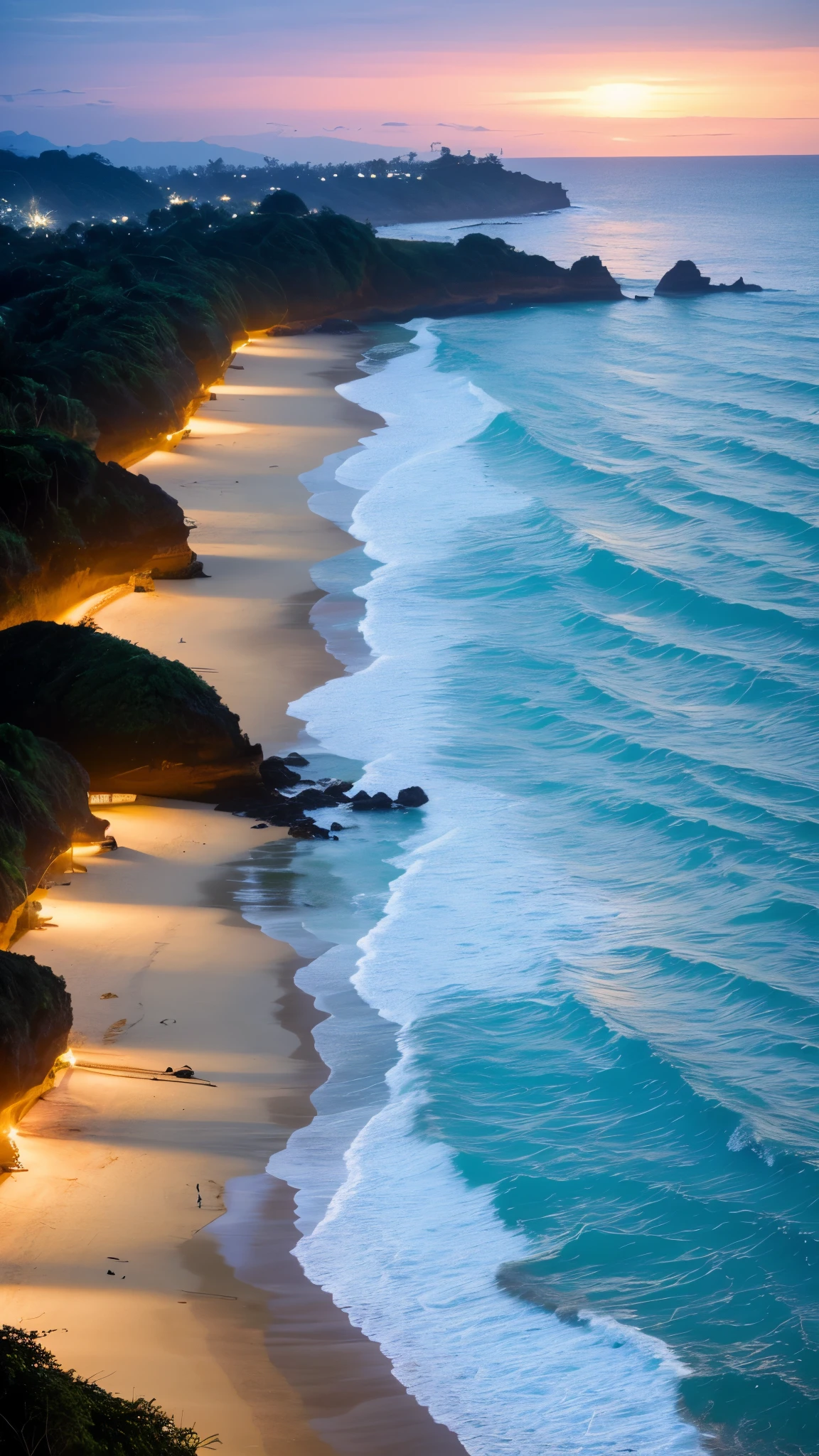 paisage bonita da praia de noite lua cheia e grande