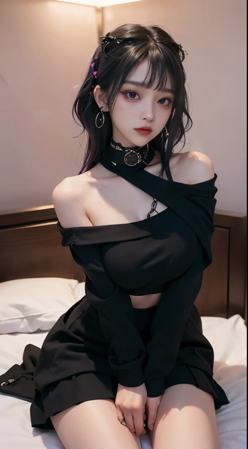 4k-ultra sharp、highest quality, masterpiece, ultra high resolution, (reality: 1.4),   girl, purple eyes, Off-the-shoulder sweater dresses, cinematic lighting、purple and black hair、(mine girl、goth makeup、mine makeup)、(Pierced ears、big breasts、Oversized black T-shirt with open shoulders、dark mini skirt)、((dark makeup、oil skin,sparkling skin、realistic skin texture、detailed beautiful skin、shiny skin)), Dark Cyberpunk、(full shot:1.8)、thin legs、thin arms、thin shoulders、thin waist、slender body、big breasts、whole body、Height 161cm、Weight 48Kg、H cup、three size:B90・W56・H87、
A big-breasted high school girl who has experienced more than 50 people., (((sweat,steam,Vulgarity))), hotel bedroom、on the bright red bed、spread legs