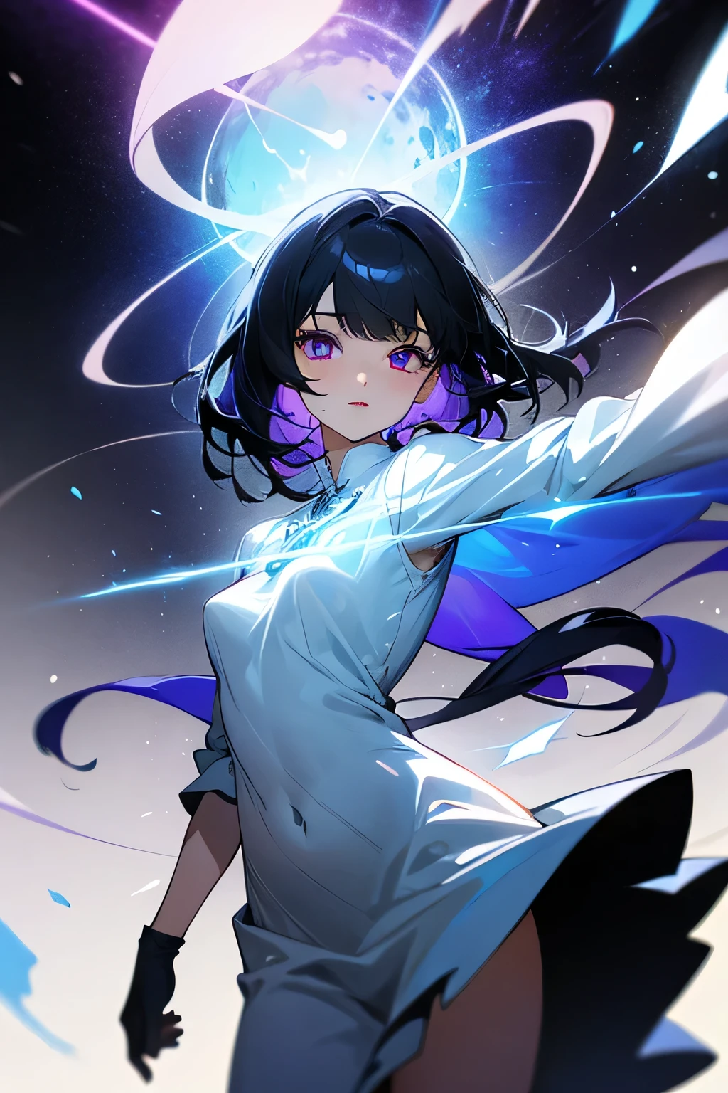 masterpiece, highest quality, super detailed, High resolution, (Ink painting style), excellent anatomy, 1 beautiful woman, medium black hair, blue side hair, messy bangs, equal to the eye, purple eyes, white skin, milky way, dynamic pose, white clothes, extreme details, floating in the air, ((light particle effect, shining aura)), ((cowboy shot:1.2)), best light, best shadow, Mysterious, perfect face, very detailed,