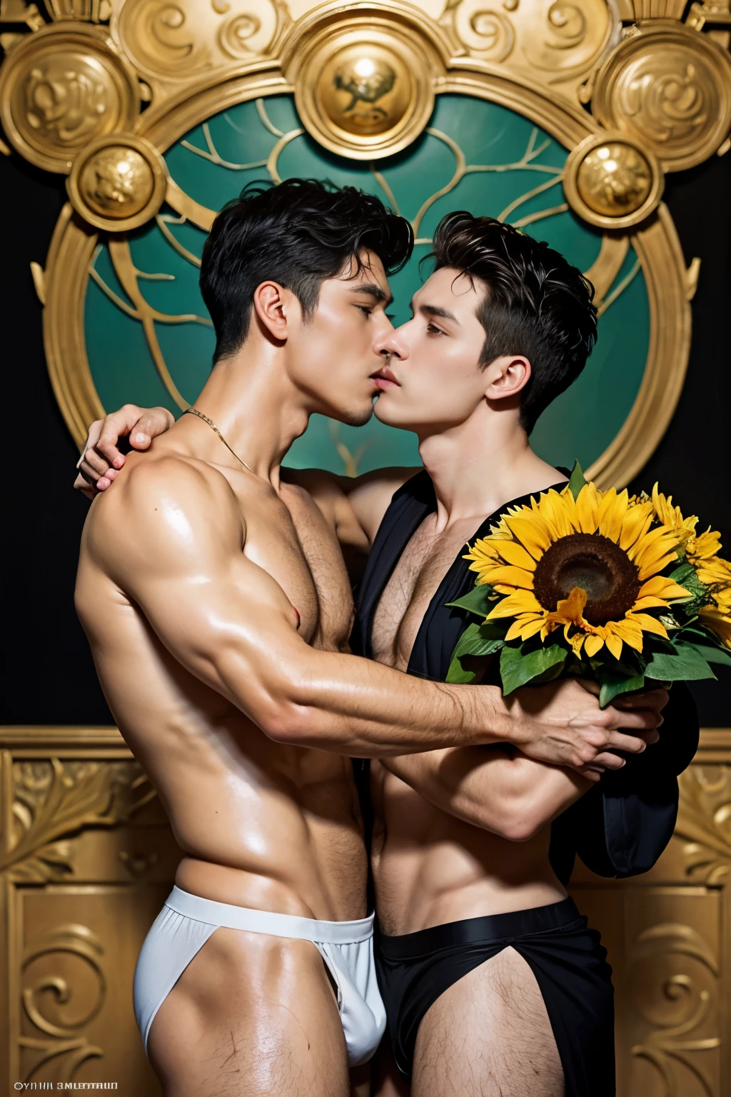 Two young men in underwear were kissing.,Enjoy with,Ashamed of being photographed by onlookers,pubic hair showing through,The hair is exceptionally short.,Authentic texture,Ultra-high image quality,detaild,Asian Faces,Interesting meat man, In the middle of the picture of hunky, musculine, beefy, 30-year-old man ,athletic, A muscular man, some body hair, Wet pubic hair,sweaty,soggy, musculine, Muscle body, Hairy chest and hairy body, loincloth,painting of a man holding a bouquet of sunflowers in front of a golden background, hyperrealistic art nouveau, chie yoshii, andrey remnev, by Yamagata Hiro, mucha klimt and tom bagshaw, inspired by J. C. Leyendecker, inspired by J.C. Leyendecker, inspired by James C. Christensen
