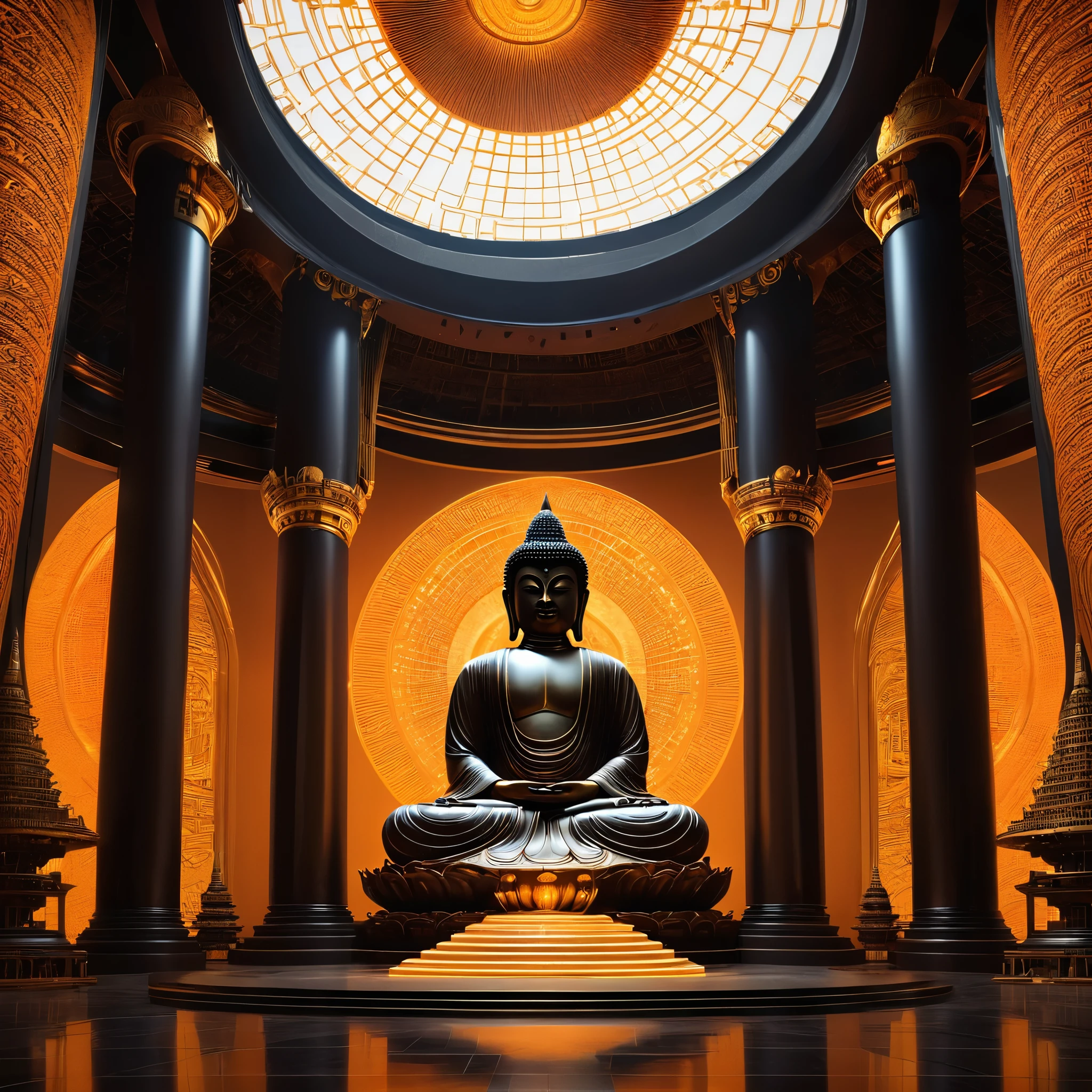 Tyndall's principles of light and shadow art,future buddha,temple,rotunda,Realistic hyper-detailed rendering,32k uhd,dark orange and light gold,Futuristic space escape,system art style,Symmetrical balance,spectacular backdrops,RTX technology,Augmented Reality,RTX VSR video super-resolution technology