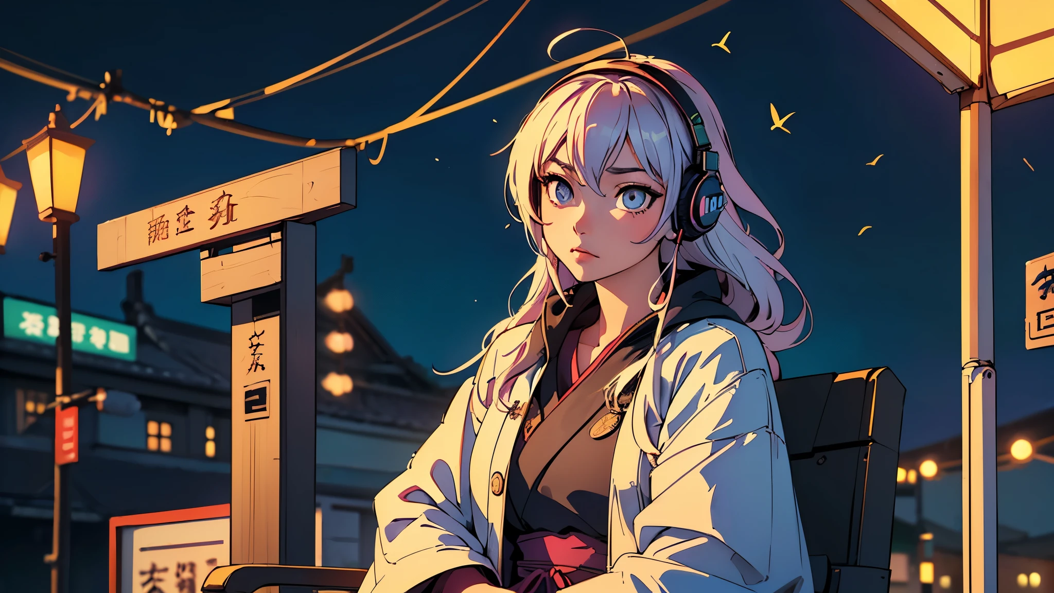 (highest quality,Edo period town、be familiar with,perfect face,beautiful woman listening to music,sitting at the bus stop,cyberpunk look、unusual hair color,soft lighting,Bright colors,sparkling ornaments,night,peaceful atmosphere,Cozy background,expressive eyes,flowing hair,Headphones On,bright eyes,Likeable character、alone