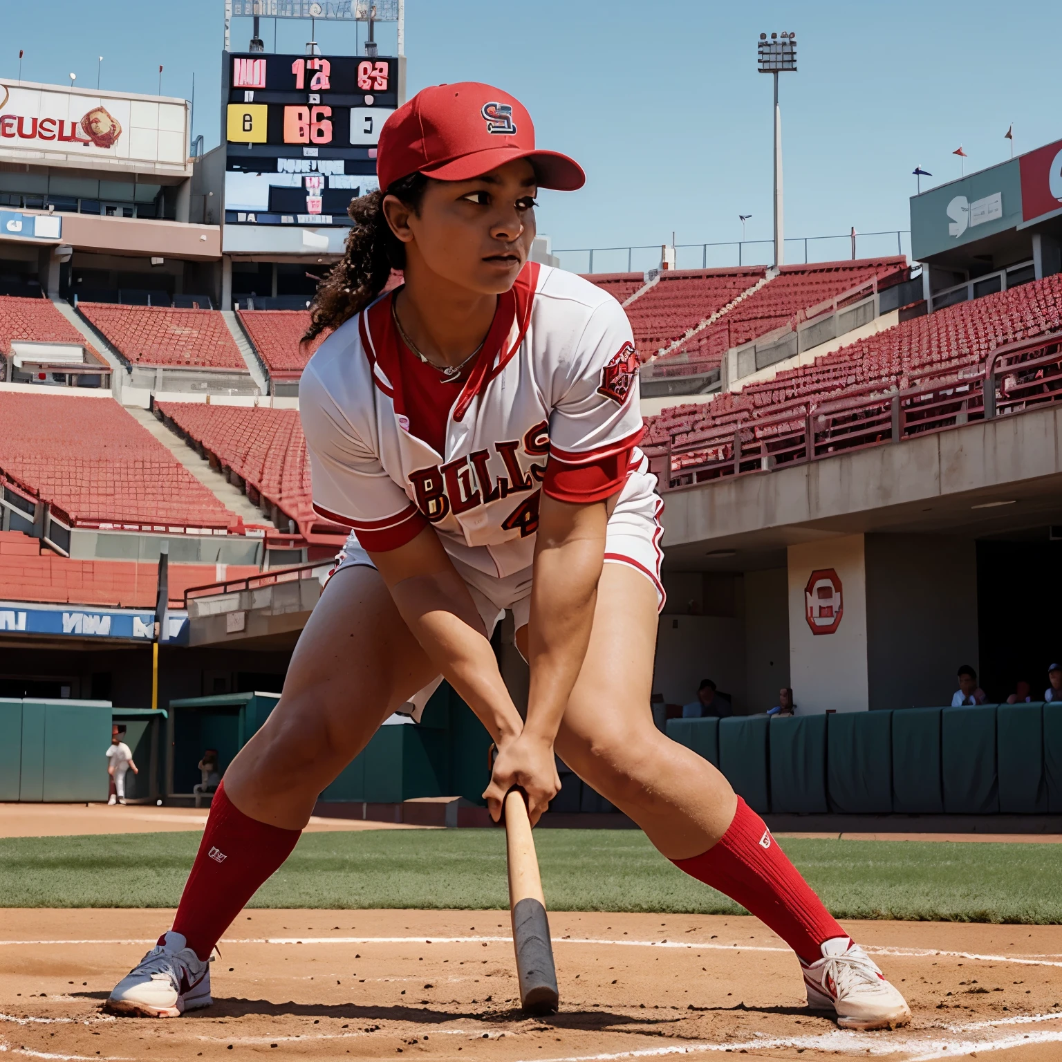 Mascote, Touro, vermelho, bravo, vestindo uma camisa de beisebol vermelha escrita Bulls, segurando um taco de beisebol, in baseball batting position, with a baseball stadium background