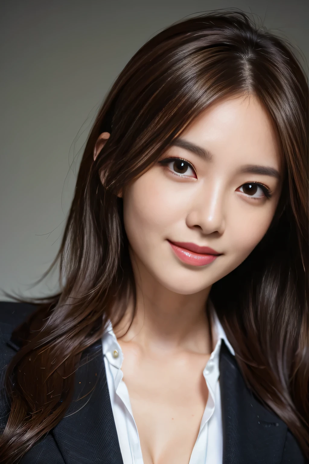 masterpiece, highest quality, realistic, Super detailed, attention to detail, High resolution, 8k wallpaper, one beautiful woman,, light brown messy hair, wearing a business suit, sharp focus, perfect dynamic composition, beautiful and detailed eyes, thin hair, Detailed realistic skin texture, smile, close-up portrait, model body shape